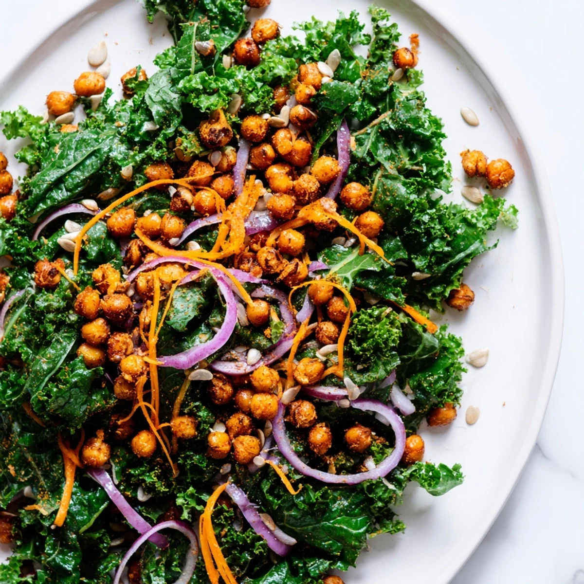 Vibrant Kale Salad with Roasted Chickpeas: a bowl filled with colorful vegetables and crunchy chickpeas.
