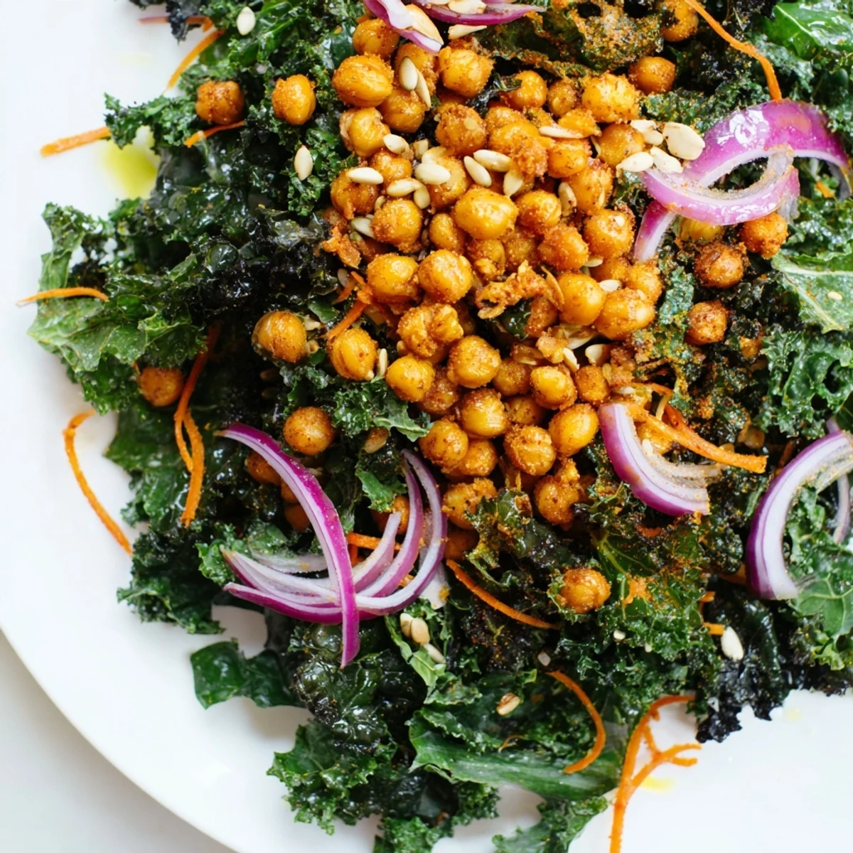 Crispy roasted chickpeas topping a fresh and healthy kale salad, ready for a satisfying, vegan meal.
