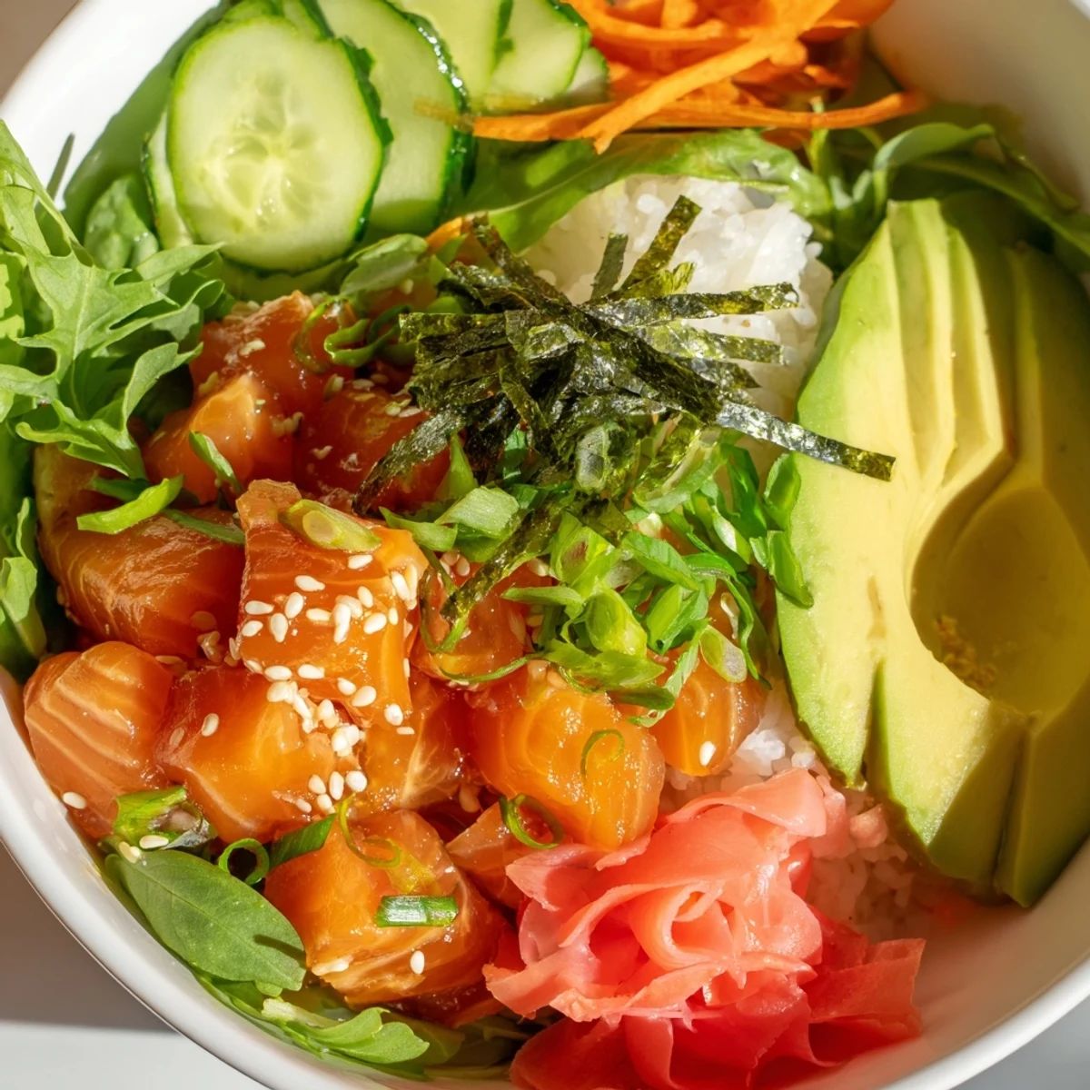 A colorful Poke Bowl Salad with fresh salmon cubes and vibrant salad toppings, perfect for lunch.