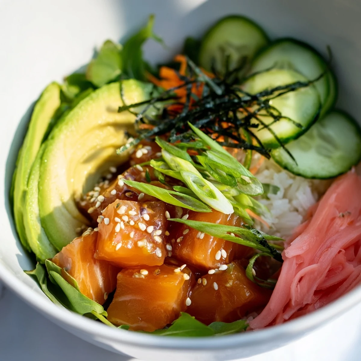 Imagine a refreshing Poke Bowl Salad with marinated fish atop a bed of crisp greens and rice.