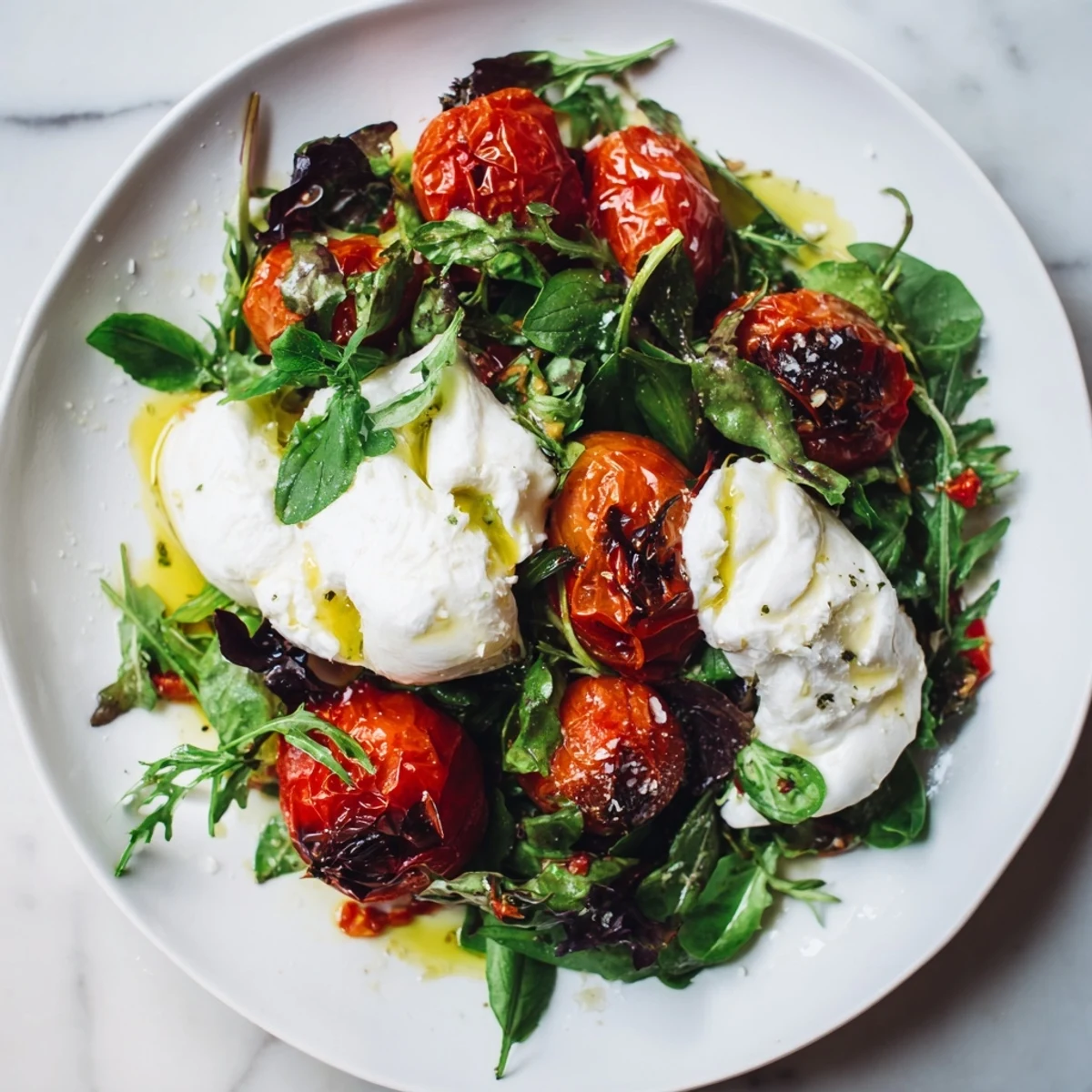 Vibrant image of a delicious Charred Tomato Salad, featuring blistered tomatoes and fresh burrata.