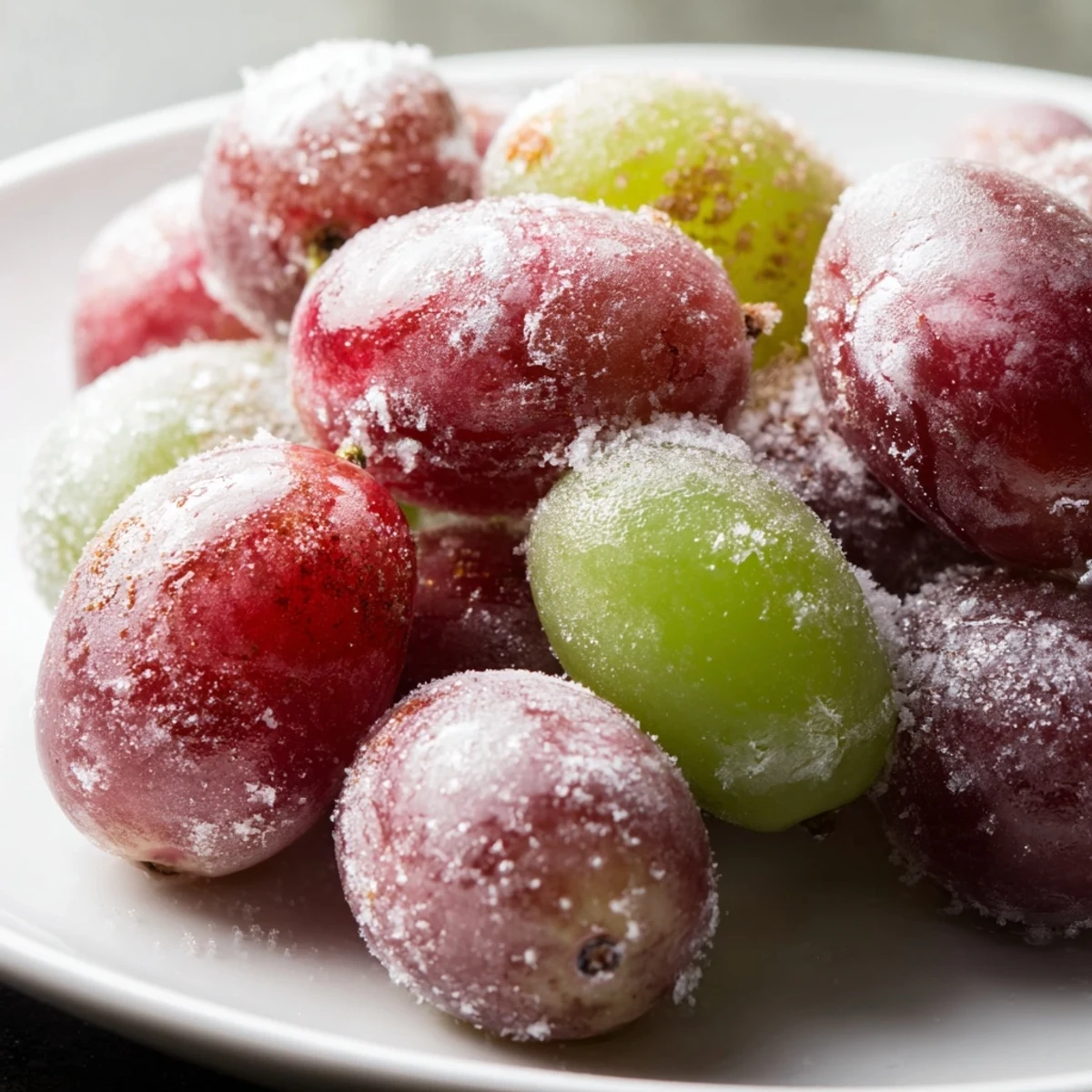 Icy, glistening frozen grapes arranged on a baking sheet, ready for a refreshing snack.