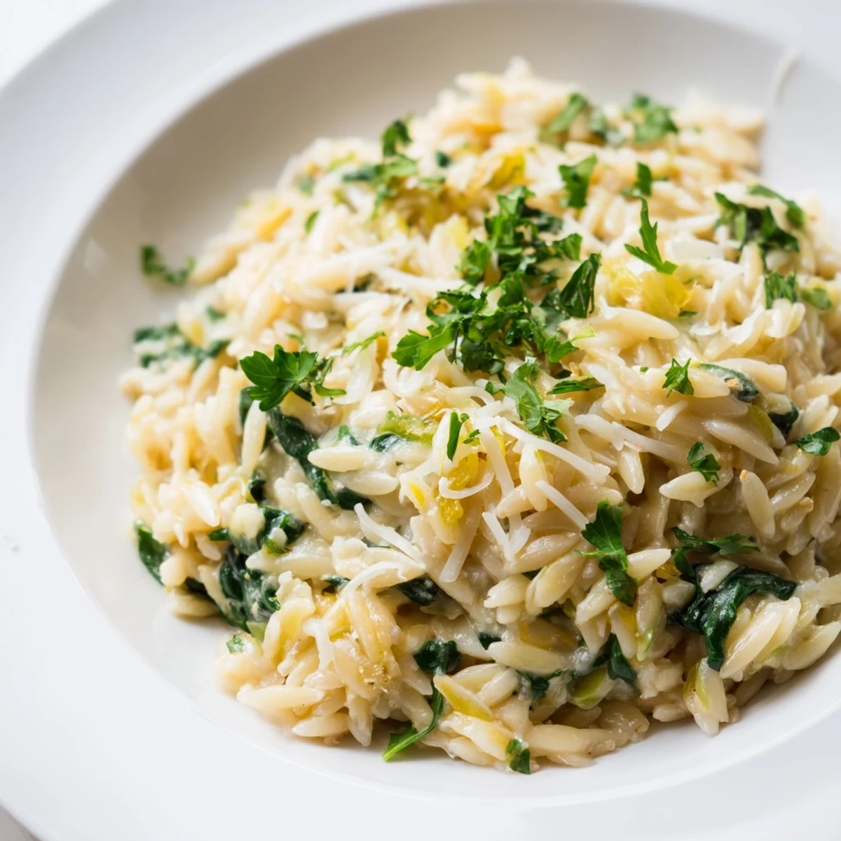 Delectably creamy One-Pot Creamy Orzo, with wilted spinach, offering a cozy and comforting meal.