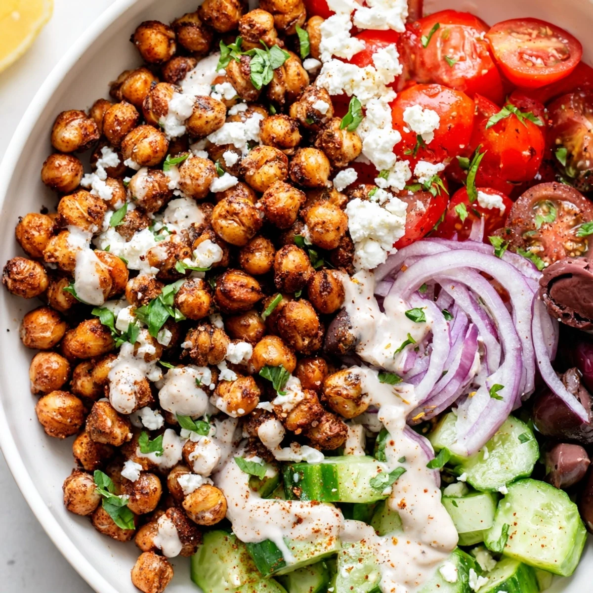 A colorful, close-up view of a flavorful Mediterranean Chickpea Bowl, drizzled with creamy tahini dressing.