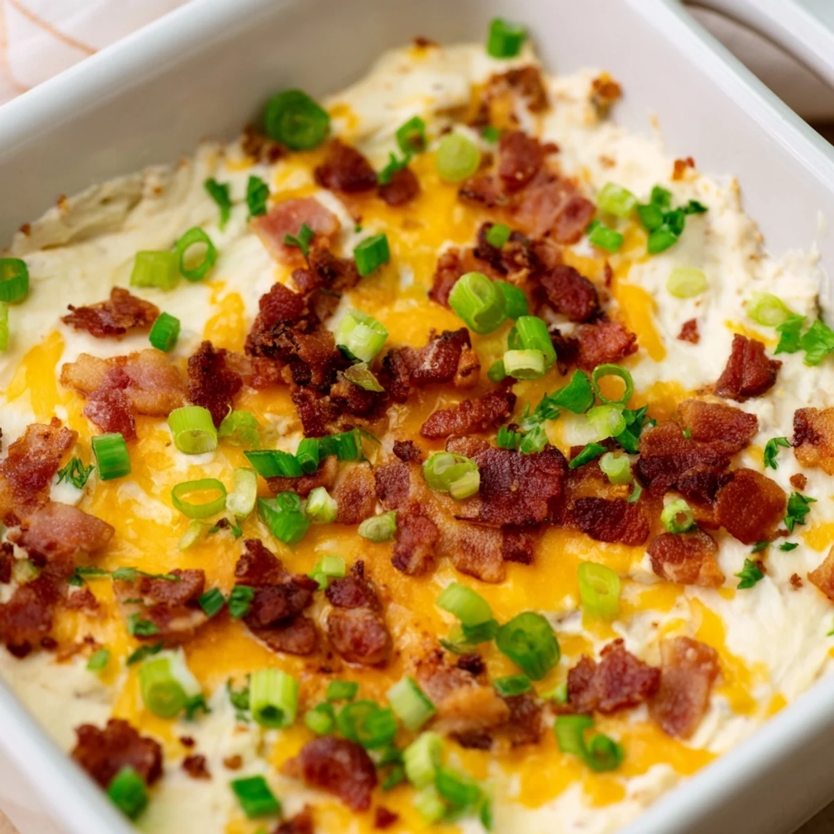 Golden, bubbly Cheesy Bacon Ranch Dip, served hot with crispy bacon crumbles for dipping.