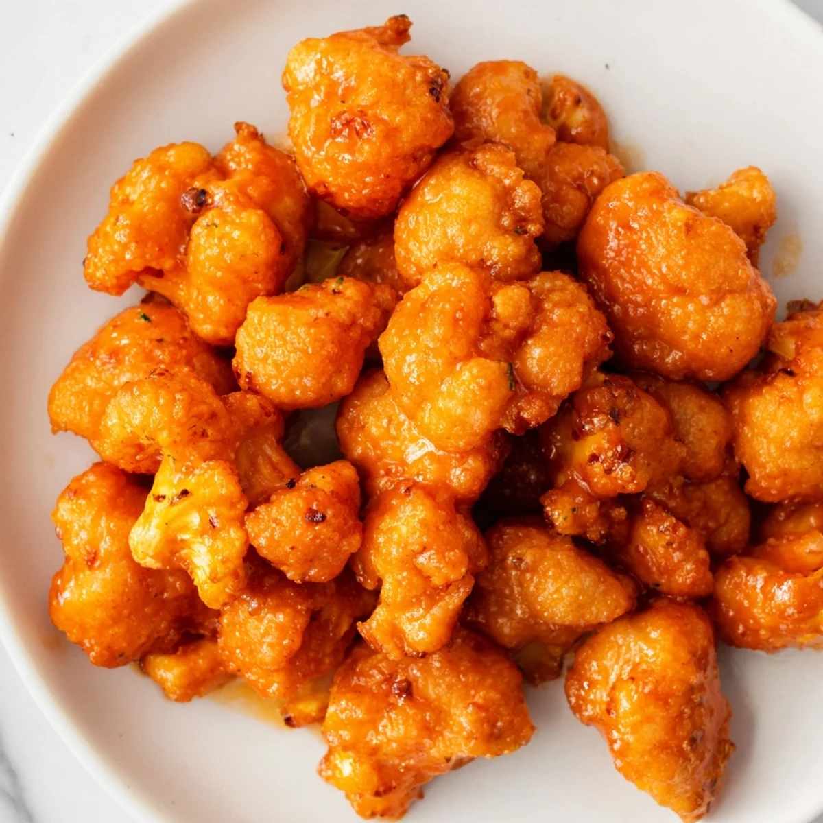 Air-fried Buffalo Cauliflower Bites, crispy and spicy, are coated in a vibrant, flavorful buffalo sauce.