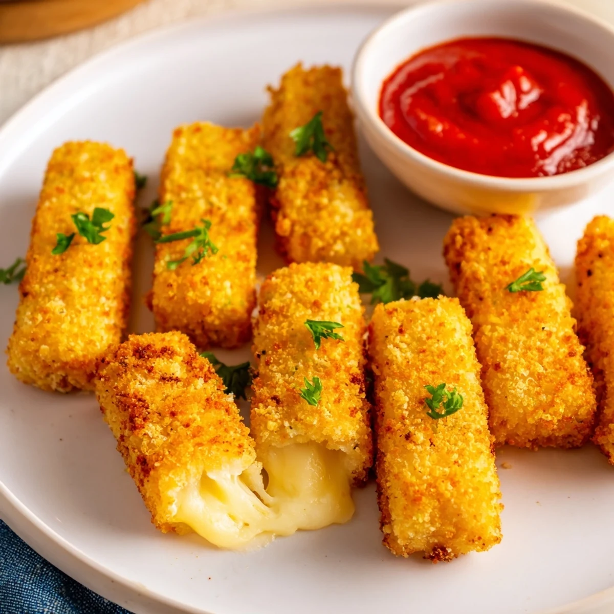 Golden air fryer mozzarella sticks, perfect for dipping in warm marinara sauce, make an easy appetizer.