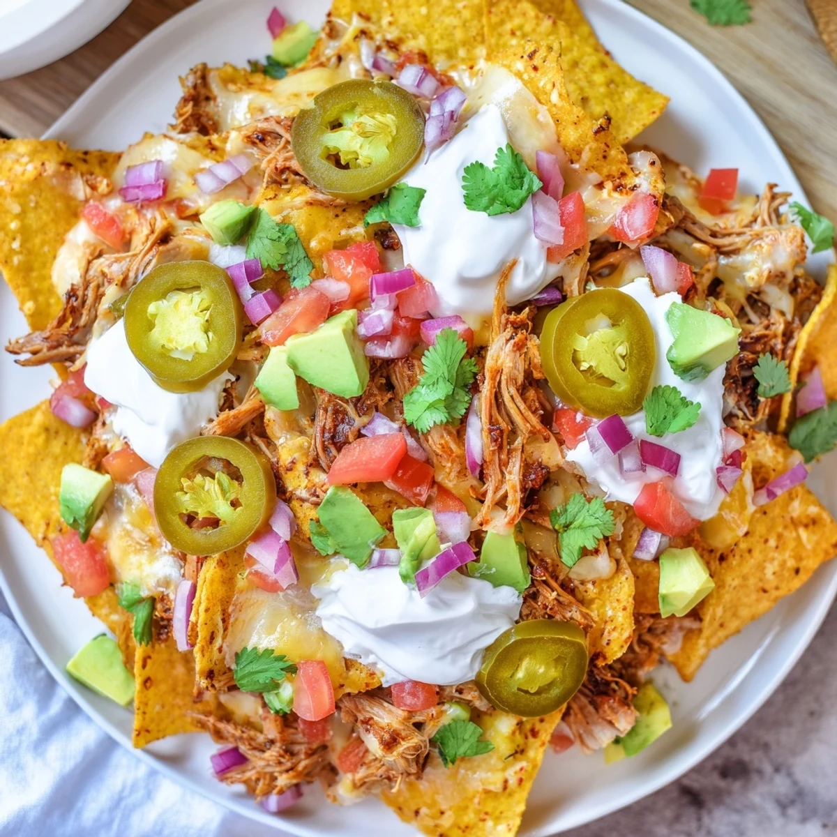 Melting cheese blankets warm pulled pork atop crispy tortilla chips for these irresistible loaded nachos.