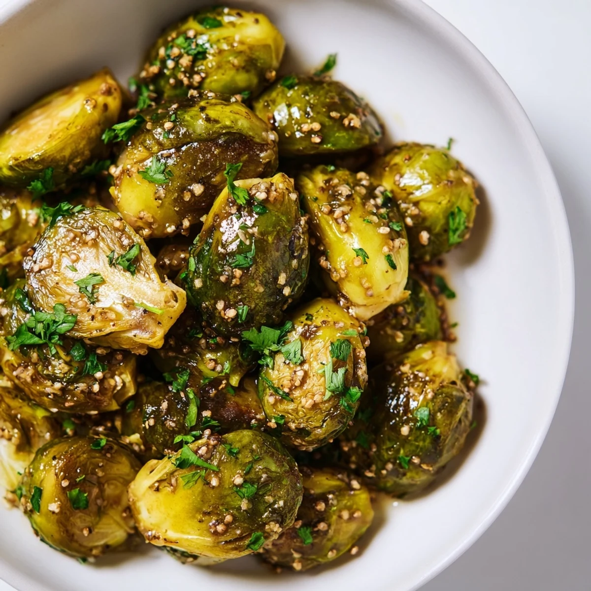 Roasted Honey Mustard Glazed Brussels Sprouts glistening with a sweet and tangy glaze, perfect for dinner.