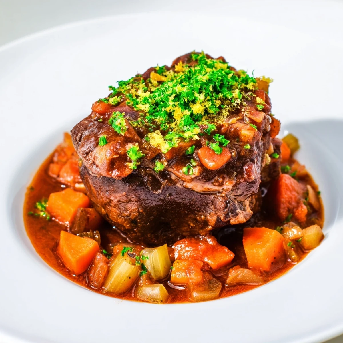 A close-up of richly sauced Osso Buco; the braised veal shanks look incredibly inviting.