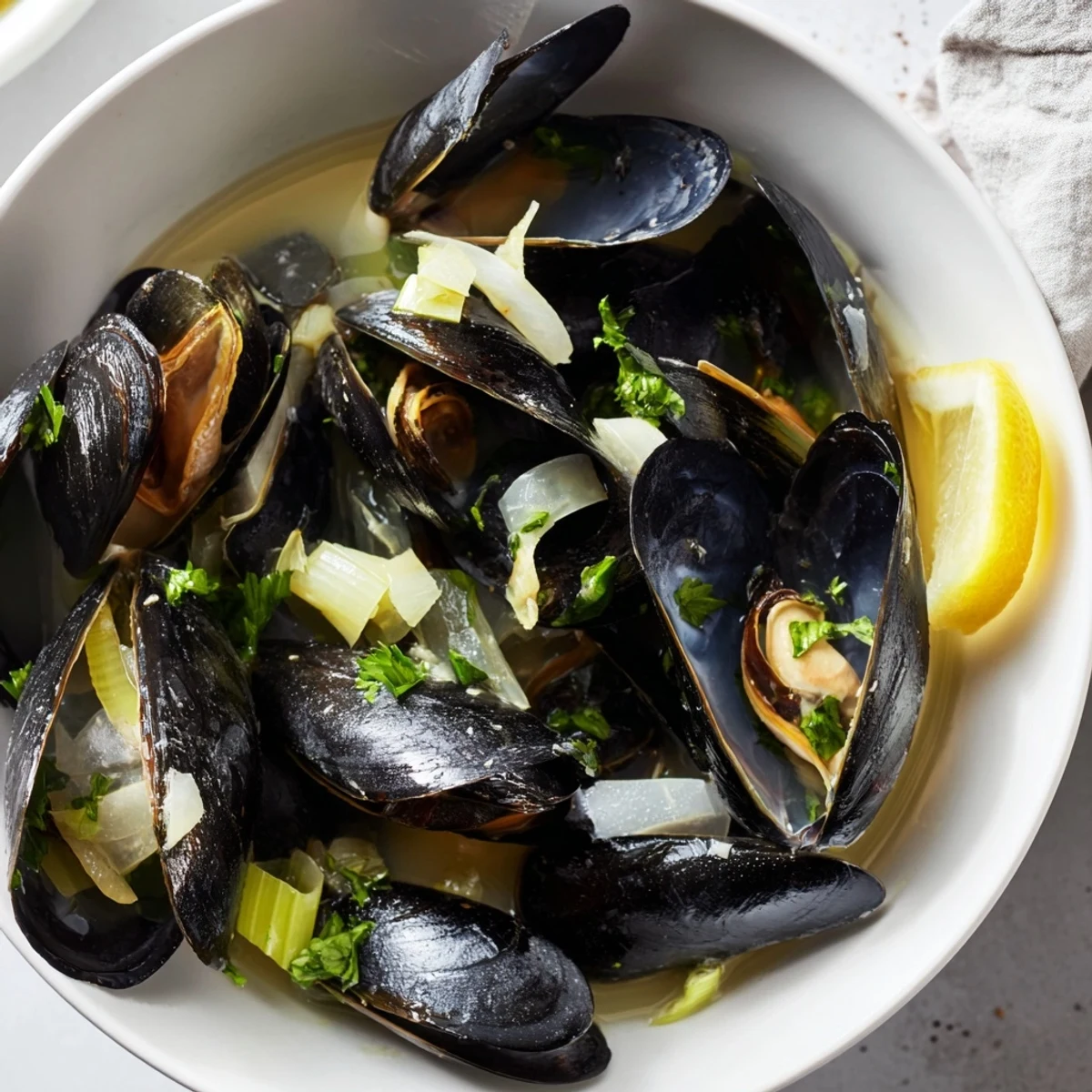 Fresh, aromatic Belgian Moules Marinière, served in a bowl with lemon wedges and crusty bread.