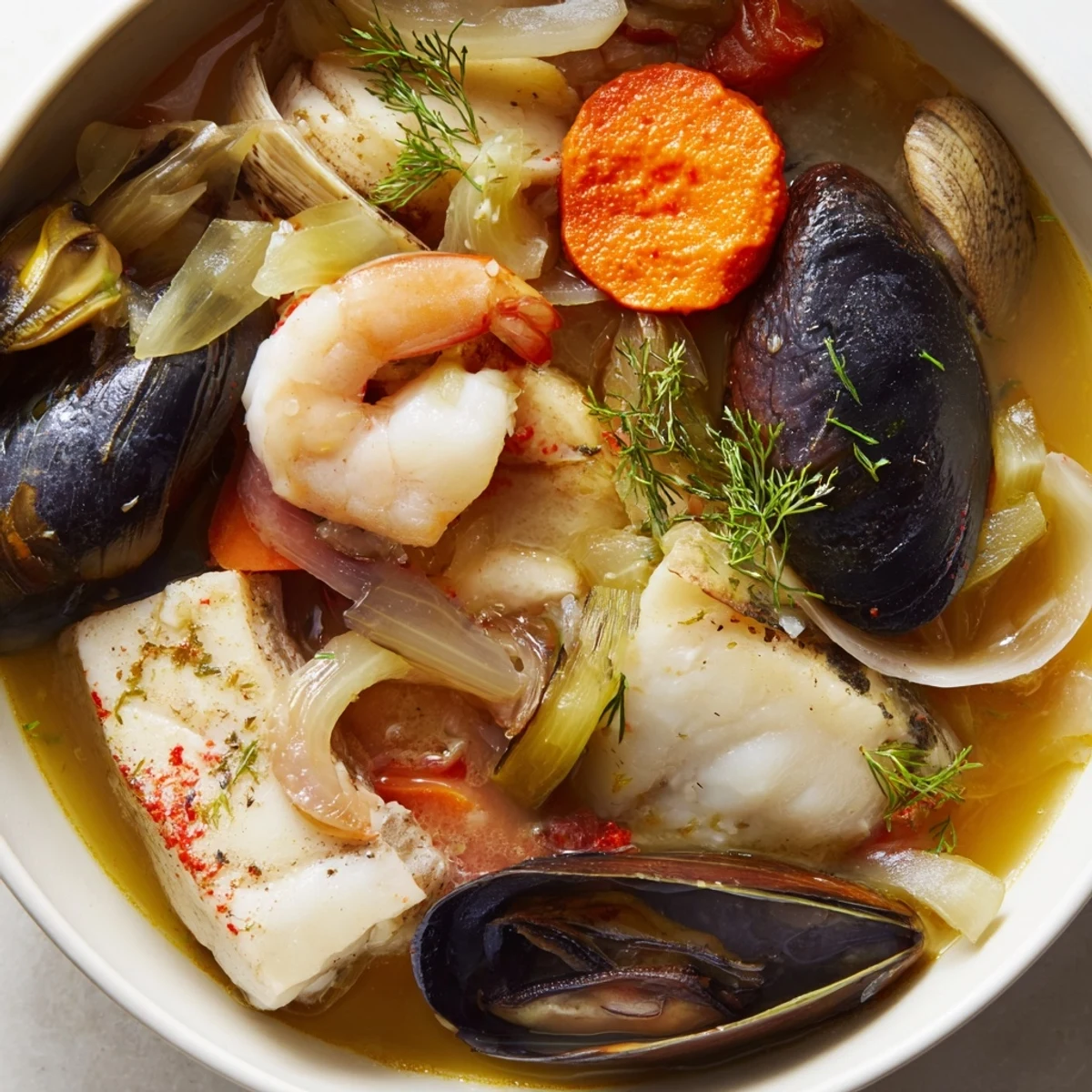 A vibrant bowl of bouillabaisse, showcasing the fresh, varied seafood simmered in savory broth.