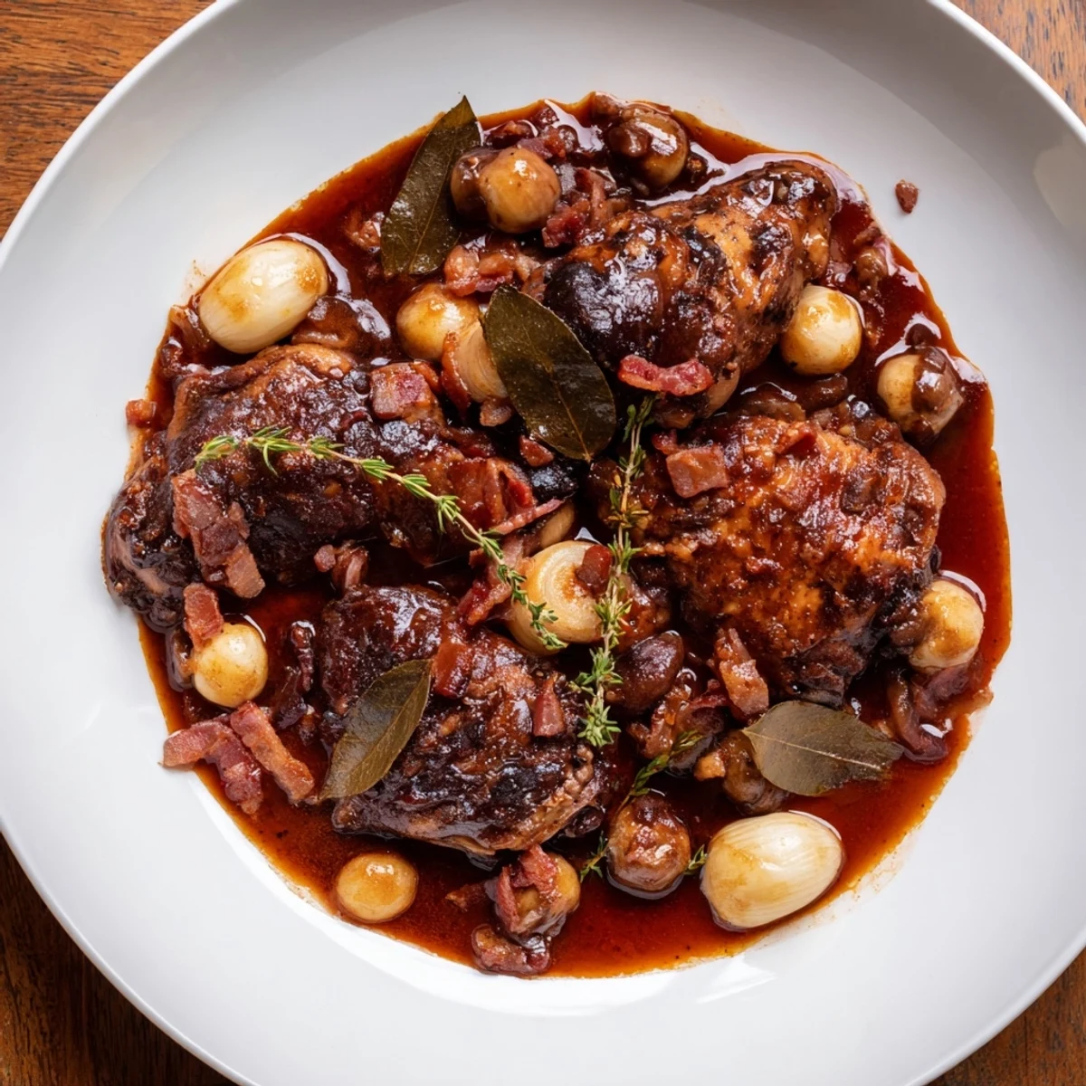 Tender chicken in rich red wine sauce, part of a flavorful Coq au Vin, ready to eat.