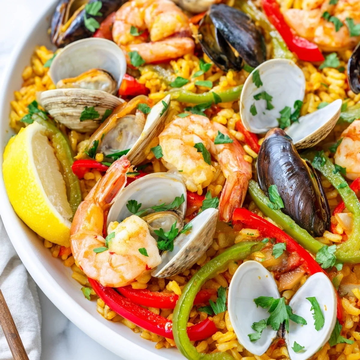 Fresh, vibrant herbs garnish this enticing pan of Spanish Seafood Paella, ready to serve.