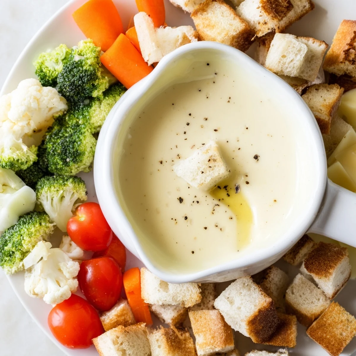 Golden-brown bread and crisp veggies ready for dipping in a bubbling Swiss Cheese Fondue, delicious!