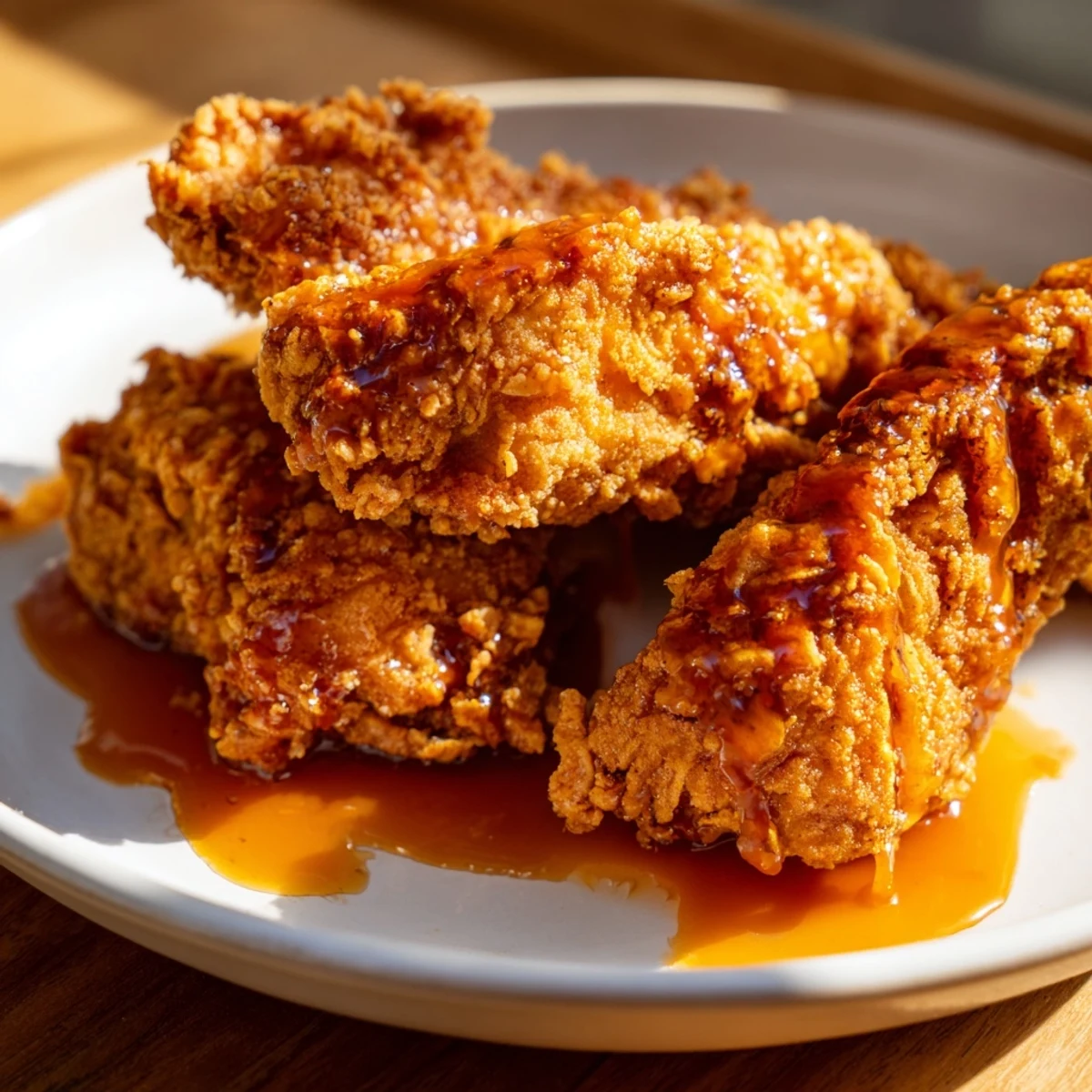 Golden, crispy Hot Honey Butter Chicken glistening with a sweet and spicy glaze ready to enjoy.