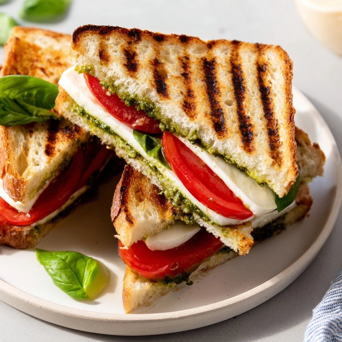 A close-up of a perfectly pressed Panini Press Innovations sandwich, crispy bread surrounding flavorful fillings.
