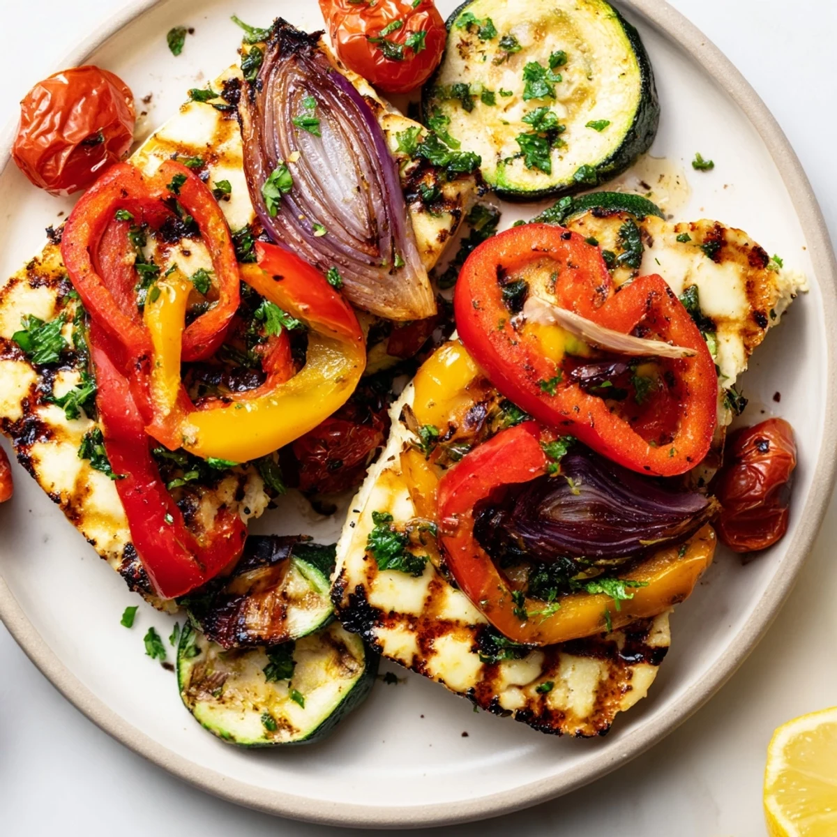 A deliciously grilled Grilled Halloumi Cheese Steak alongside colorful, charred peppers and zucchini for dinner.