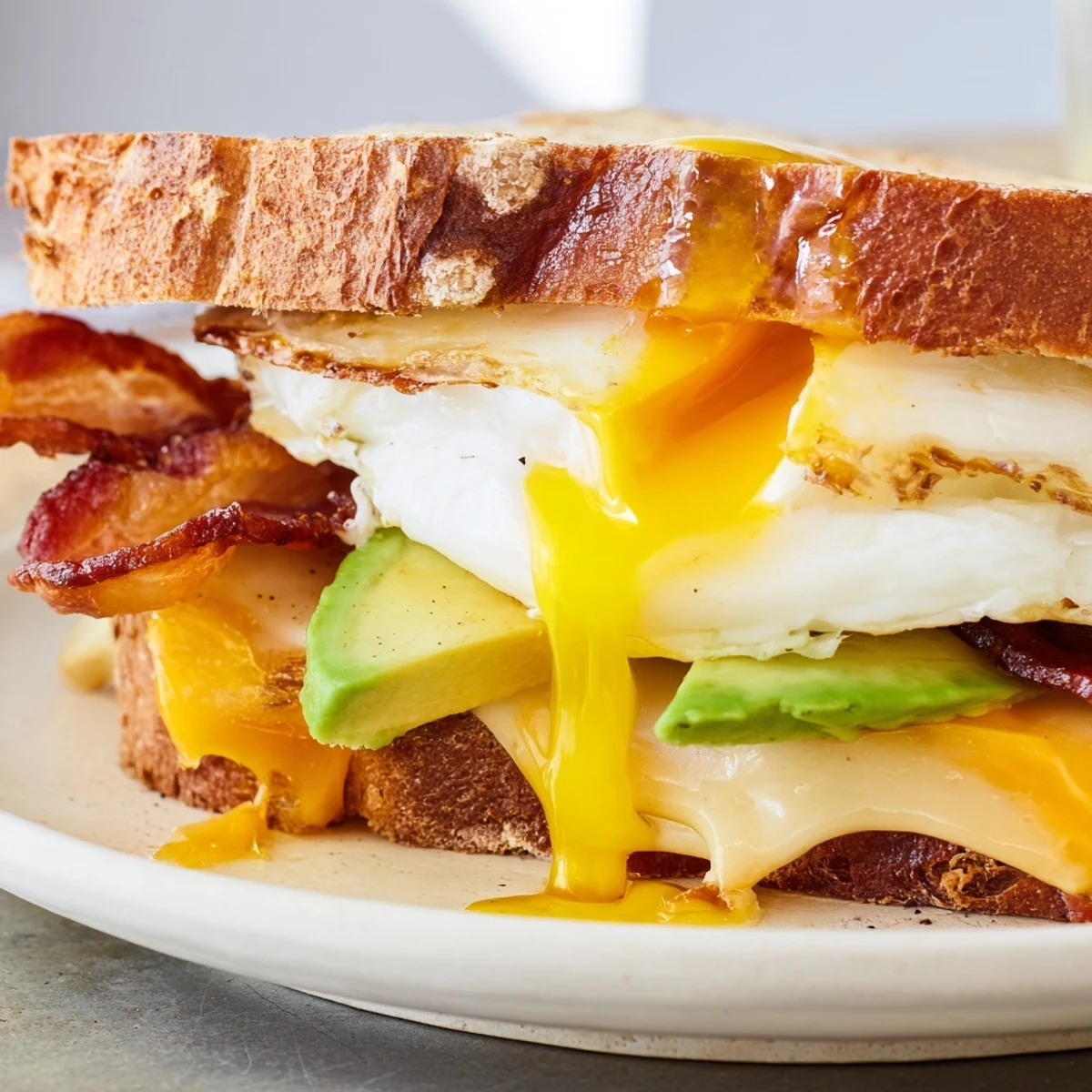 Loaded Breakfast Sandwich with crispy bacon, melted cheese, and a sunny-side-up egg, perfect for brunch.