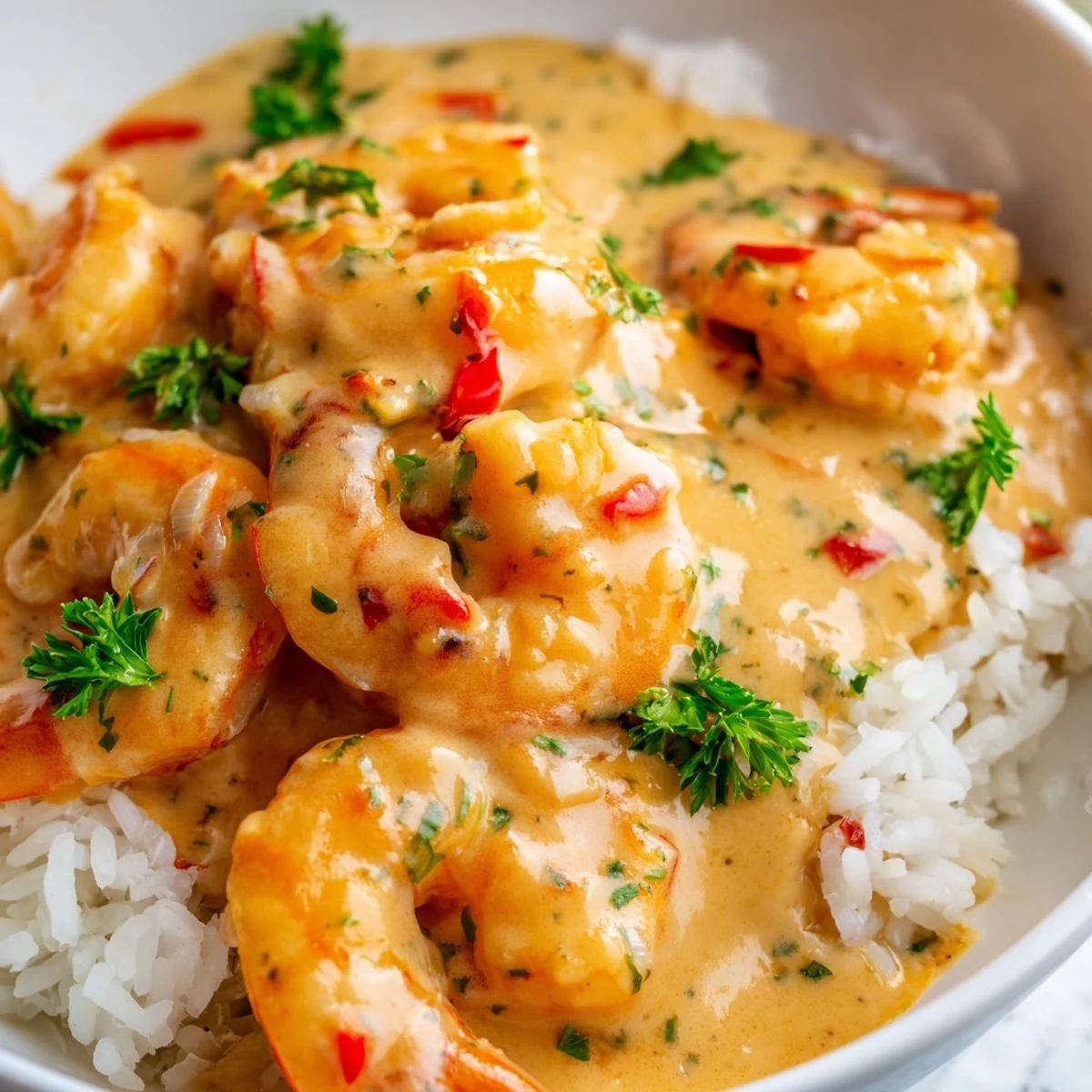 A close-up of Creamy Cajun Shrimp Rice Bowl with plump shrimp in a rich, creamy sauce over fluffy jasmine rice, garnished with parsley.
