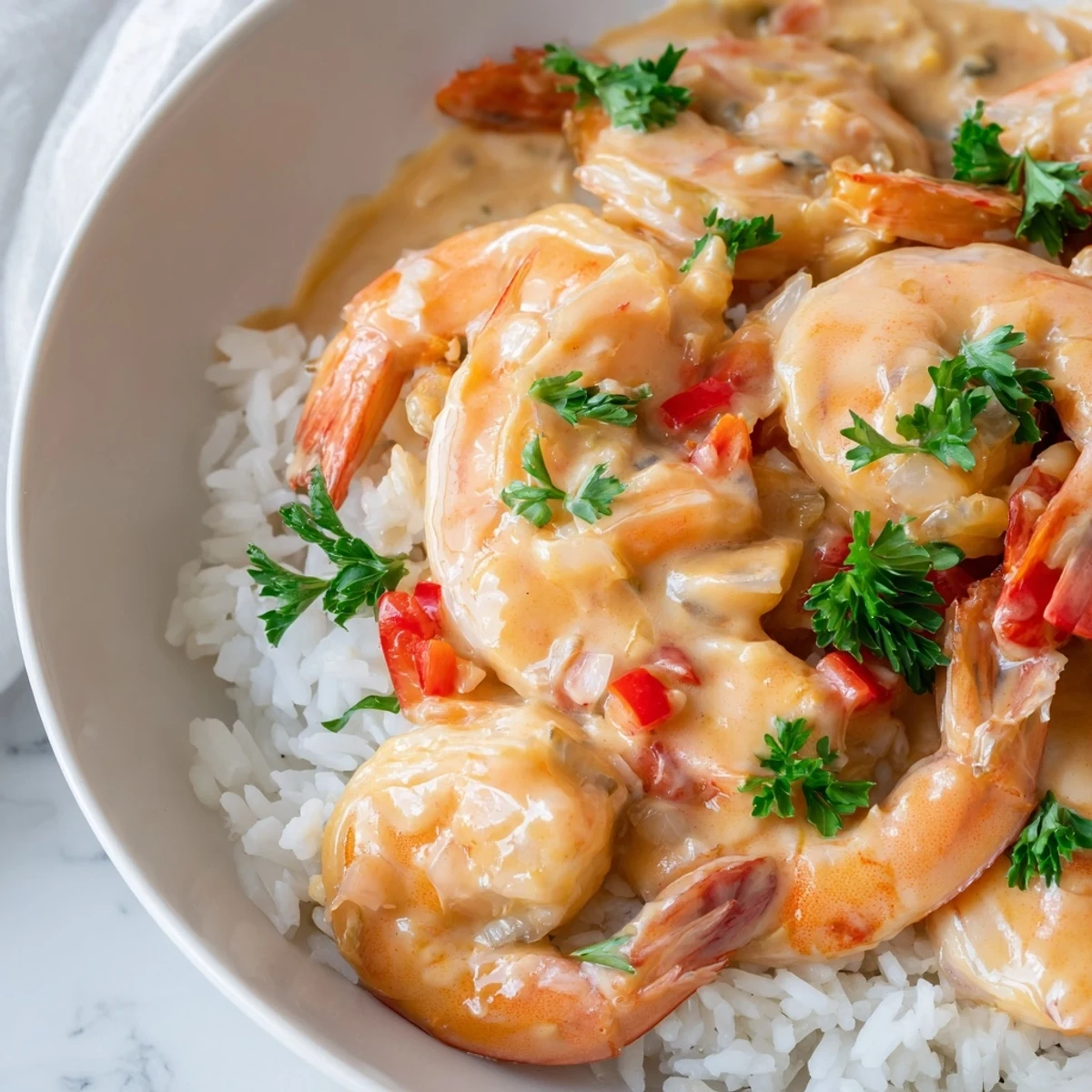 An appetizing bowl of Creamy Cajun Shrimp Rice Bowl, with sautéed bell peppers and a creamy sauce poured over fluffy rice.