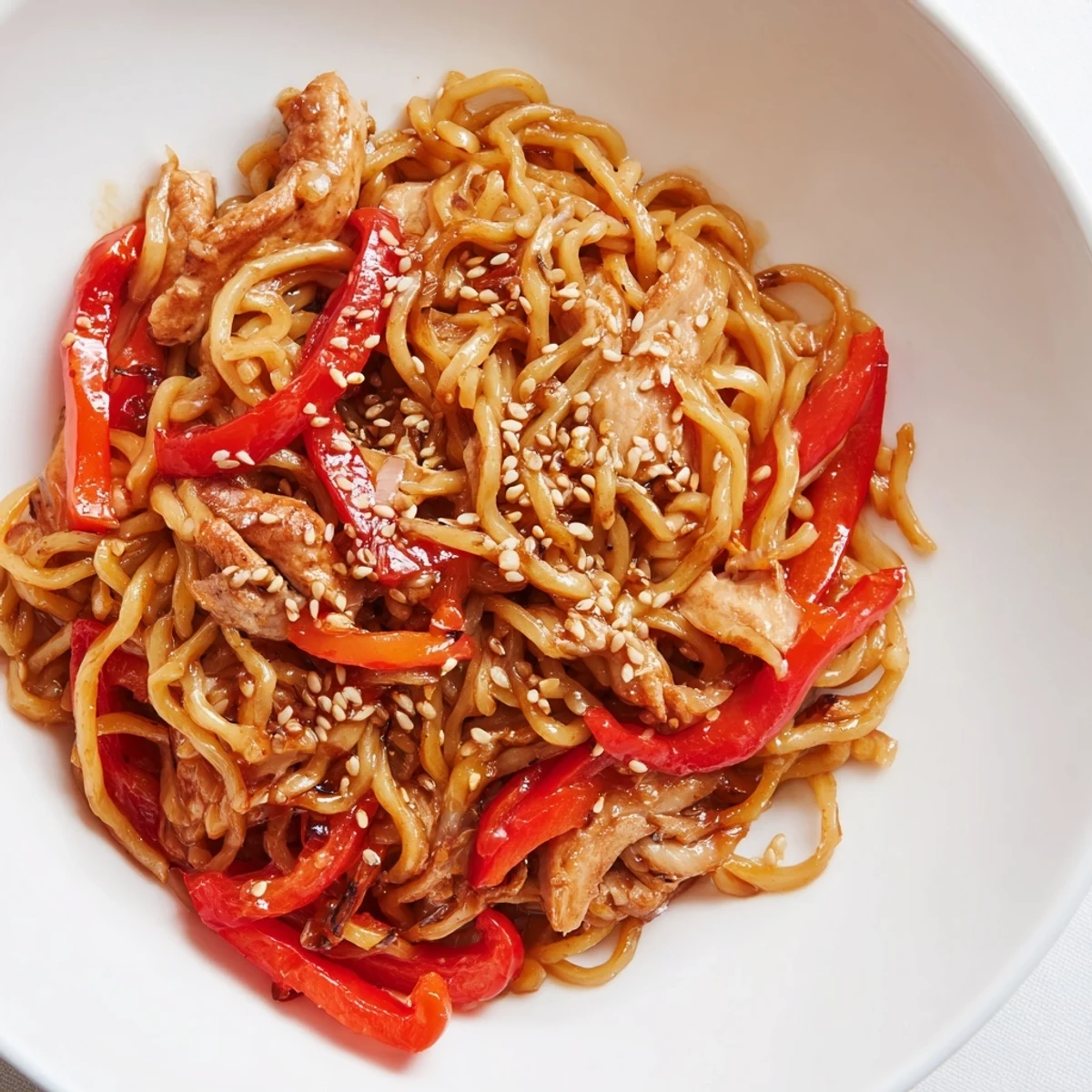 Hot Spicy Ramen Stir-Fry with chicken, crisp broccoli, and vibrant red bell peppers in a glossy, savory sauce.