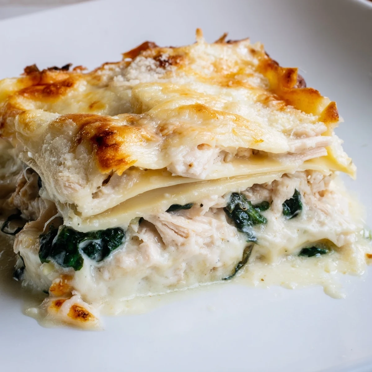 Golden-brown Chicken Alfredo Lasagna bubbling from the oven, featuring creamy layers of shredded chicken, spinach, and melted mozzarella.