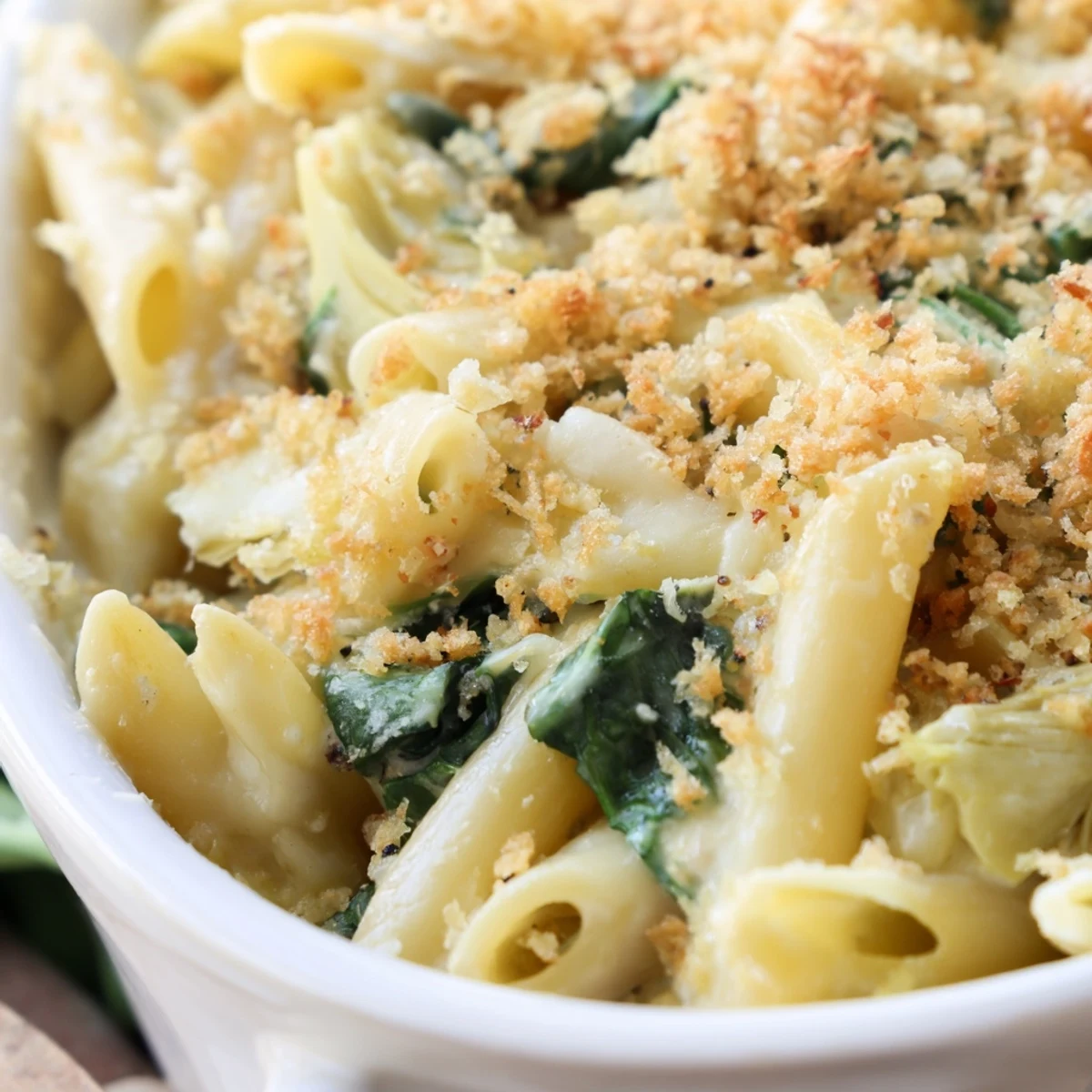 Golden-brown Artichoke Pasta Bake bubbling in a ceramic dish, topped with crispy breadcrumbs and melted Parmesan.