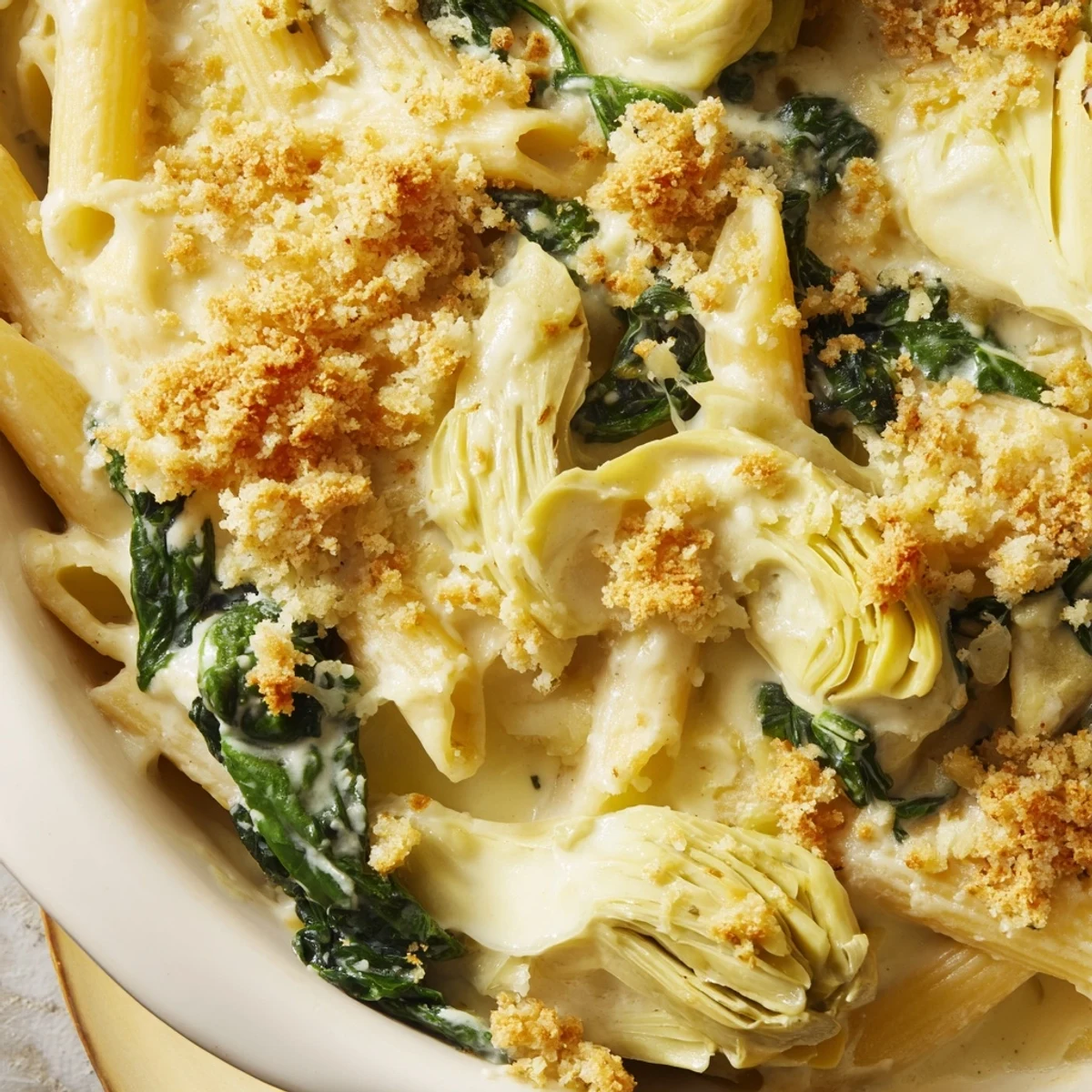Freshly baked Artichoke Pasta Bake with golden edges, ready to serve with a sprinkle of fresh herbs.
