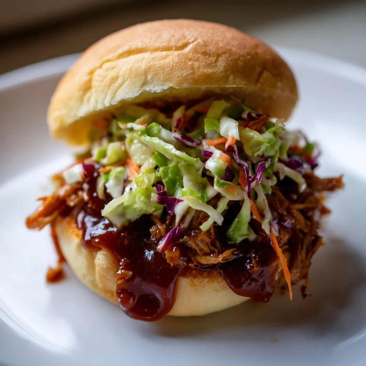 Juicy pulled BBQ chicken sliders topped with creamy slaw on toasted mini buns.  