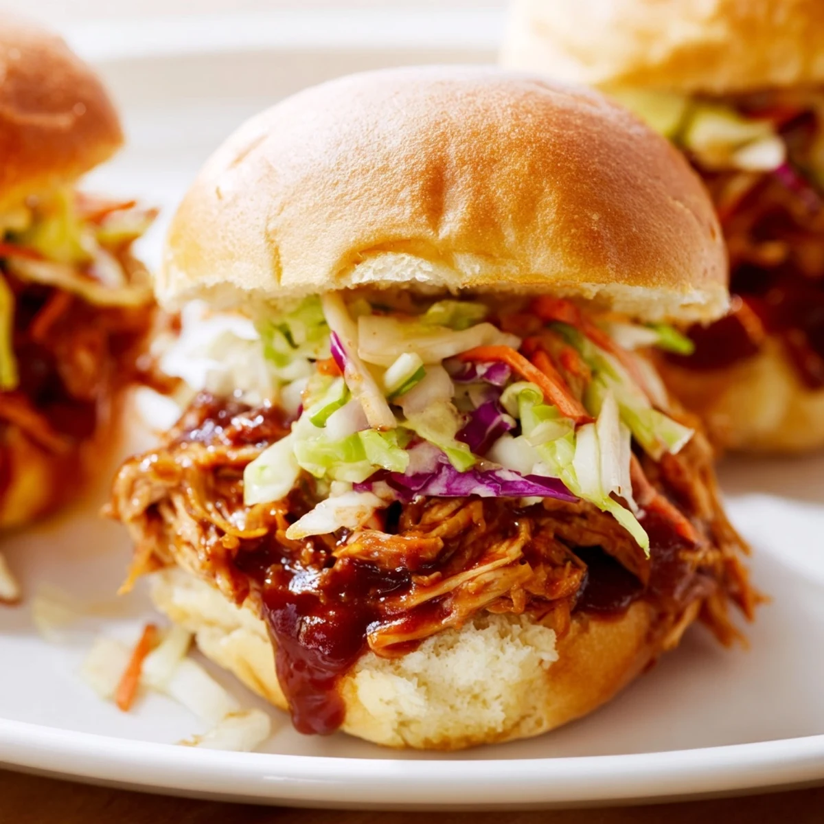 BBQ chicken sliders ready for a game day spread with extra sauce on the side.
