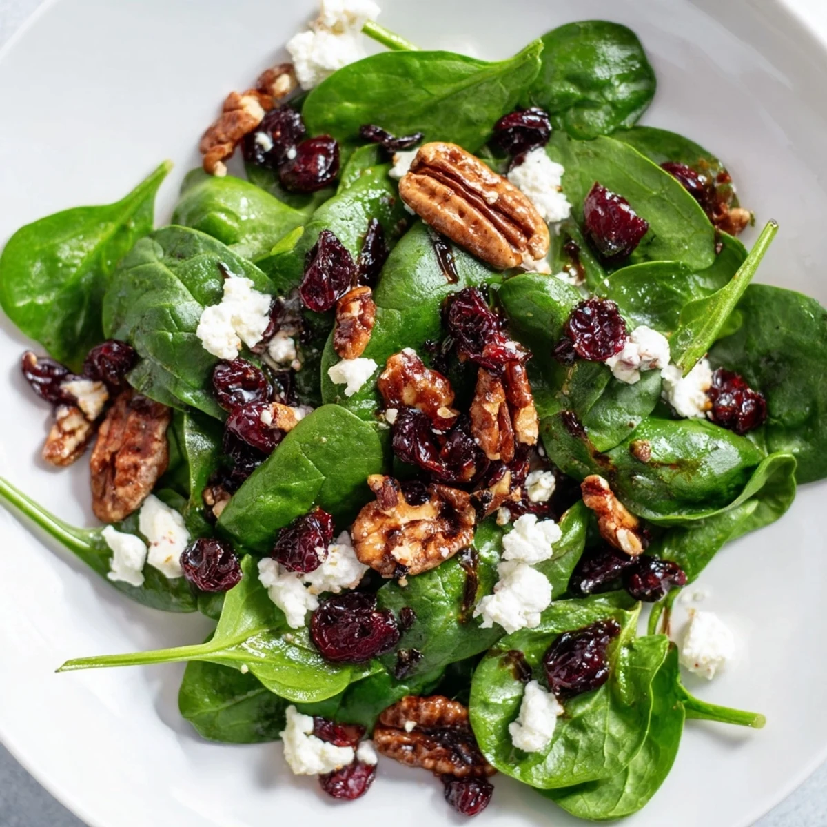 Bright green baby spinach leaves tossed with crumbled goat cheese, sweet dried cranberries, and candied pecans, drizzled with tangy balsamic vinaigrette.  