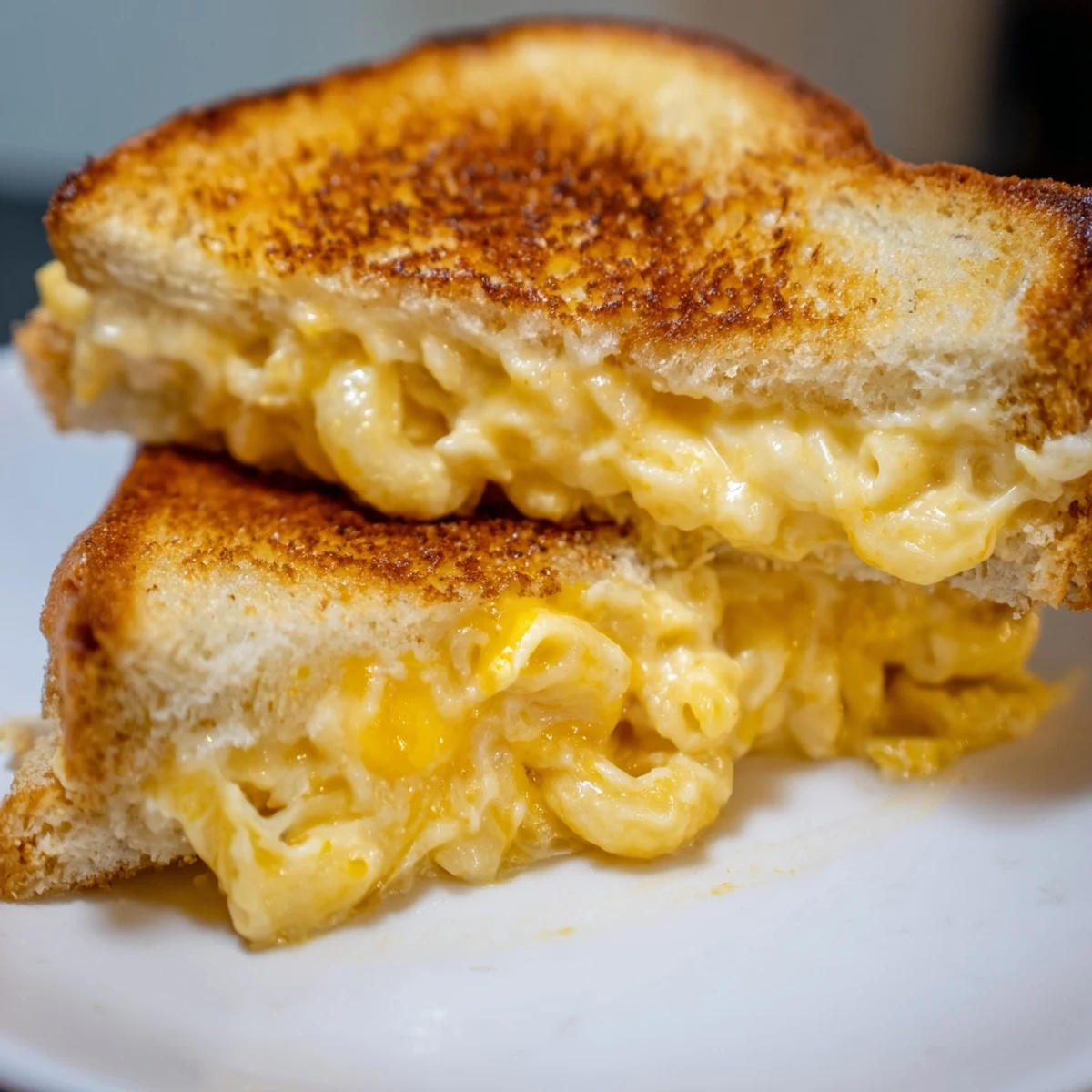 An open-faced Mac & Cheese Grilled Cheese sandwich showing crispy bread edges and a forkful of cheesy macaroni ready to be eaten.