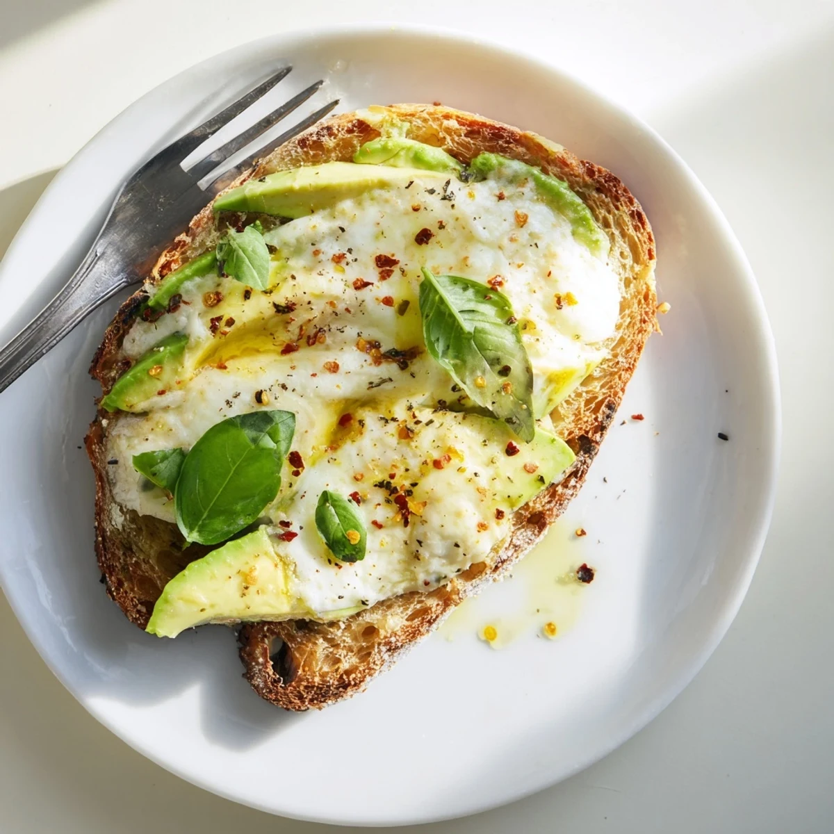 This easy Avocado Mozzarella Tartine features a rustic toast base with smooth lemony avocado, melted mozzarella, and a fresh olive oil finish for a quick, satisfying snack.