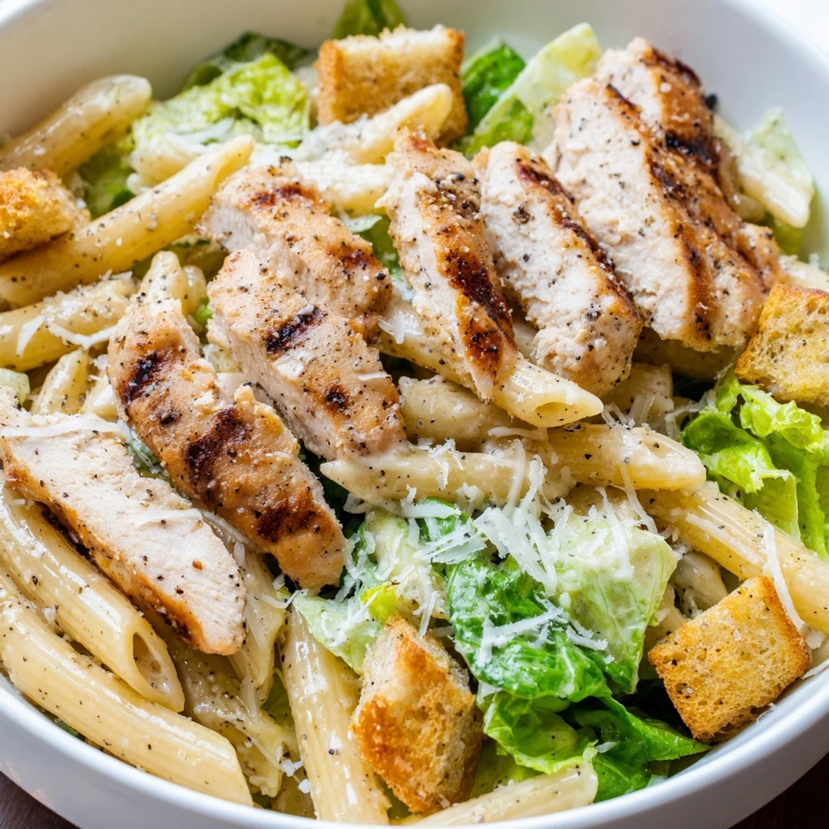 Steaming Caesar Pasta Chicken Bowl showcases tender grilled chicken, pasta, and romaine tossed in creamy Caesar dressing.