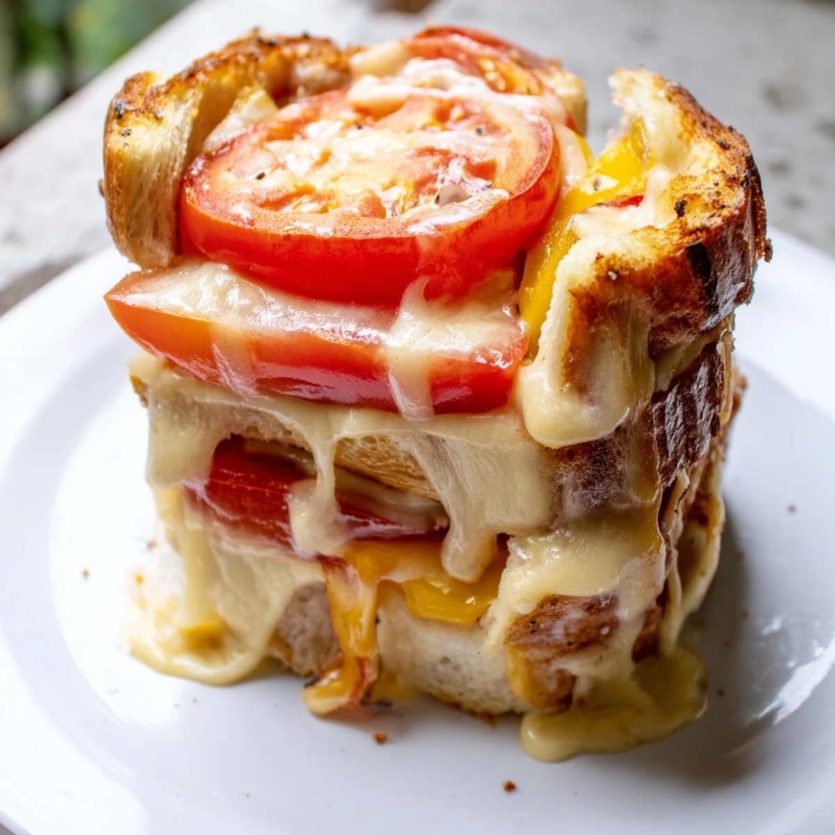A close-up of a golden-brown Pepper Jack & Tomato Grilled Cheese, with melted cheese oozing from between slices of jalapeño-studded bread.