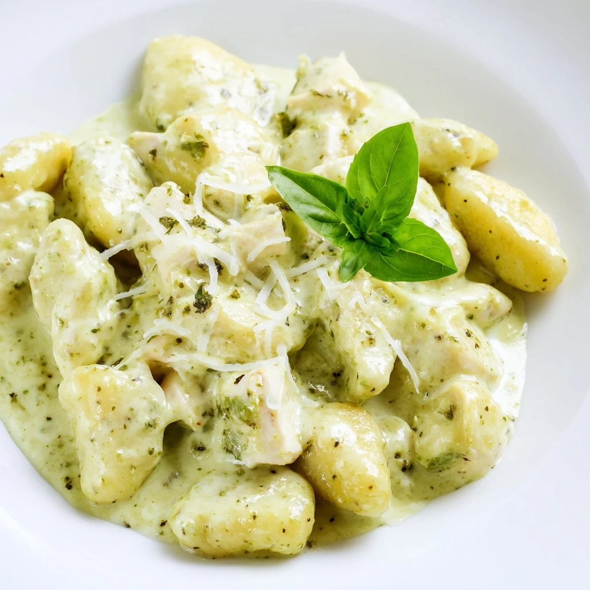 Creamy Pesto Gnocchi with Chicken served in a skillet, featuring golden pan-crisped gnocchi tossed in a vibrant green pesto cream sauce with tender chicken bites.
