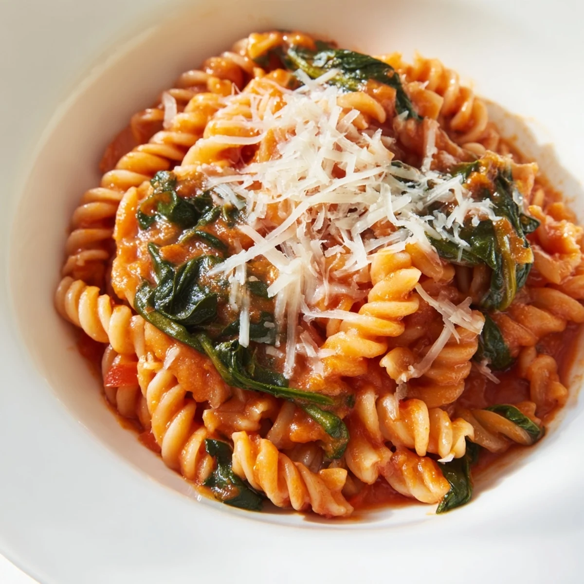 A steaming bowl of Tomato Spinach One-Pot Rotini, featuring perfectly cooked pasta coated in a vibrant red tomato sauce with wilted green spinach leaves.