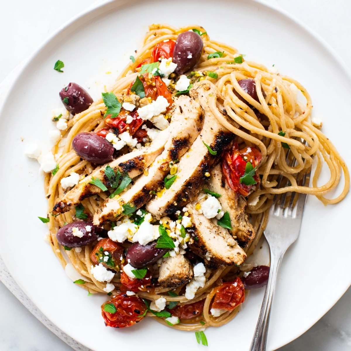 Savory Greek Chicken Spaghetti on a white plate, garnished with feta and herbs, ready to enjoy.