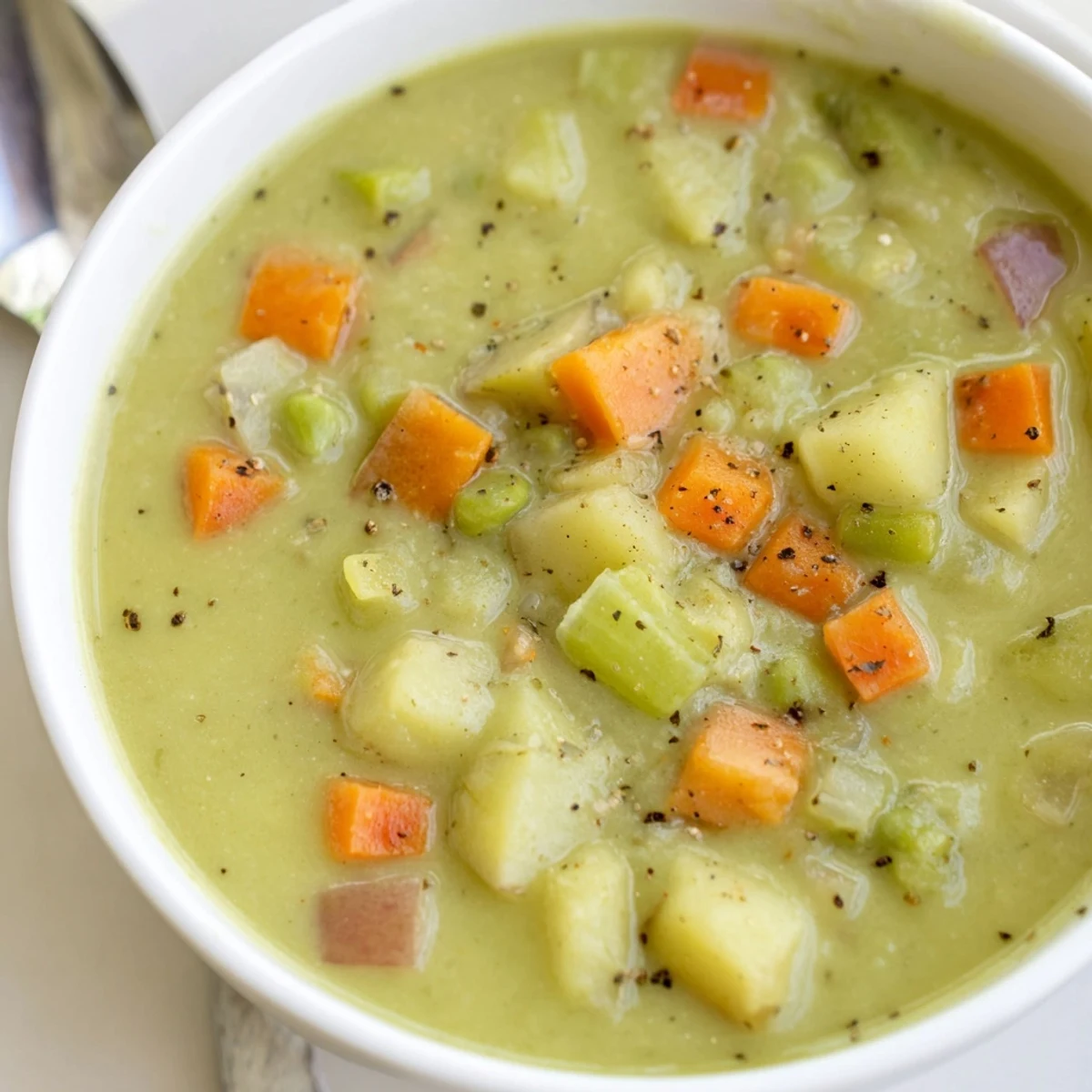 Thick, creamy split pea soup, capturing the essence of a cozy winter meal.
