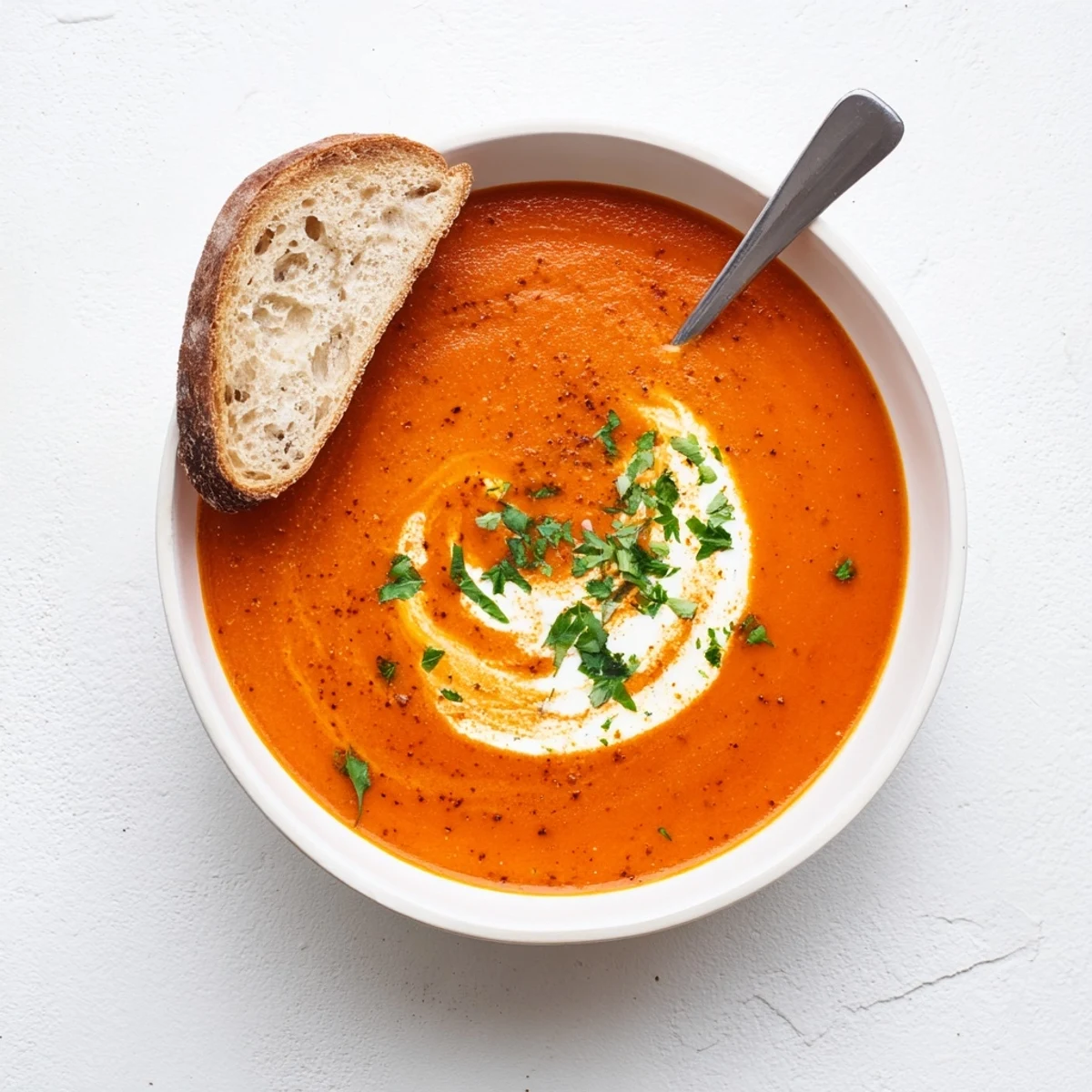 Steaming bowl of roasted red pepper soup, garnished with crème fraîche and fresh herbs, alongside a slice of crusty bread.  