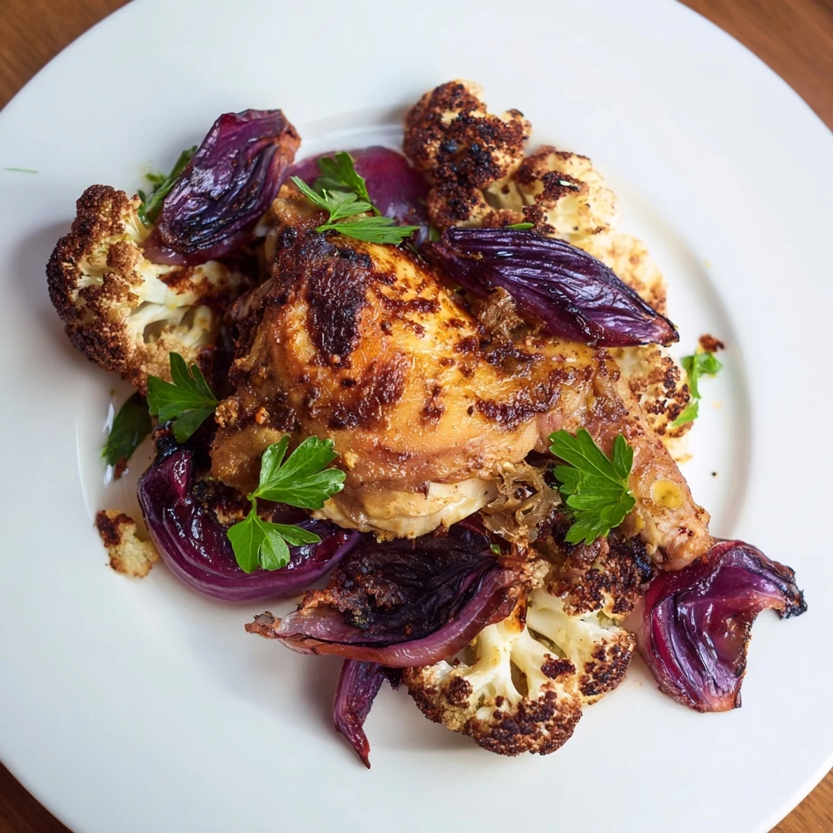 Colorful sheet pan dinner with juicy chicken, caramelized red onions, and golden cauliflower, ready to serve as a simple gluten-free family meal.