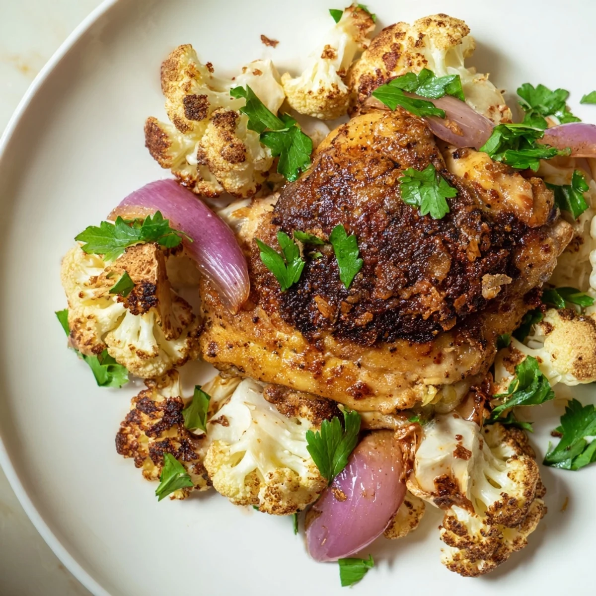 Close-up of tender chicken and crispy cauliflower roasted together, garnished with fresh parsley and lemon wedges on a bed of white rice.