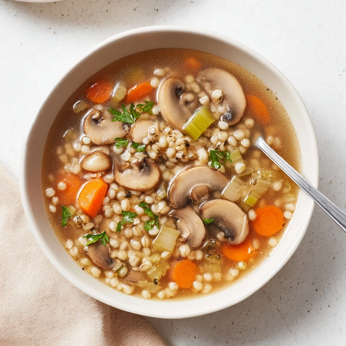 A warm bowl of mushroom and barley soup, garnished with fresh parsley and a lemon wedge, sits beside a rustic wooden spoon.