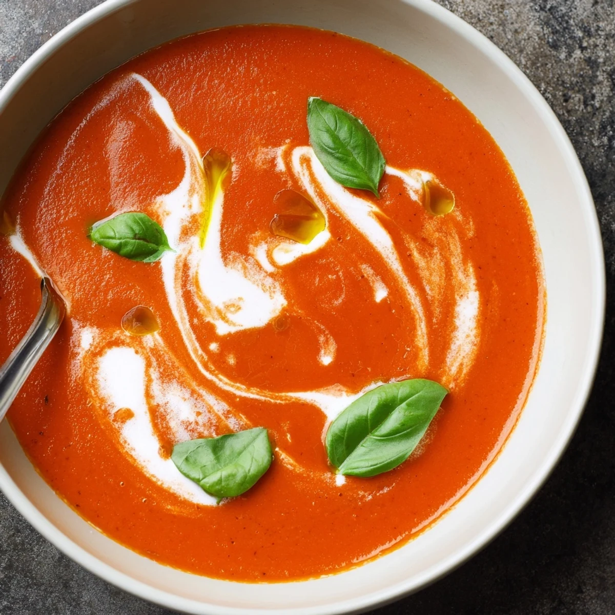 Steaming bowl of creamy tomato and basil soup garnished with a fresh basil leaf and a drizzle of golden olive oil.
