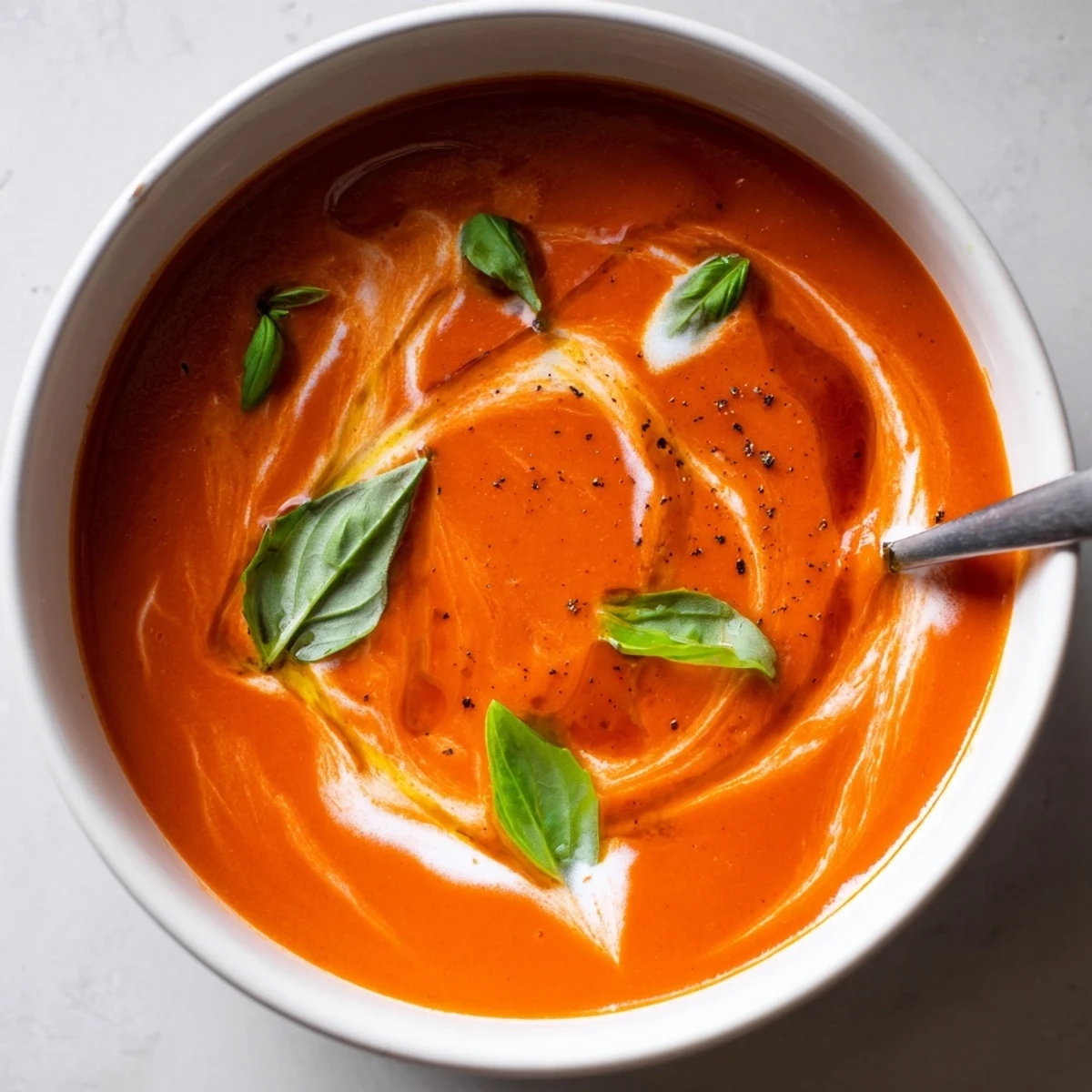 Velvety Italian tomato and basil soup in a white bowl, topped with a swirl of cream and cracked black pepper.
