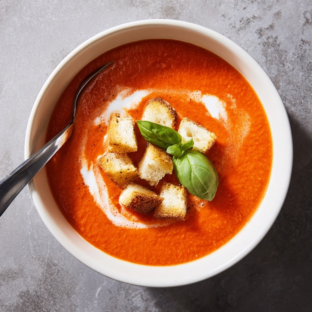 Crimson roasted tomatoes and golden homemade croutons add texture to this comforting Roasted Tomato Soup.  