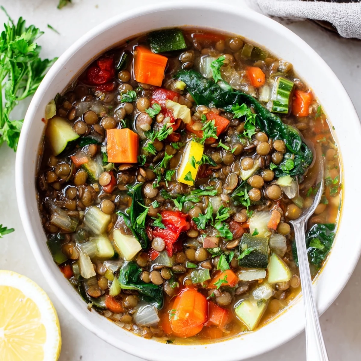 Hearty, protein-rich Lentil and Vegetable Soup in a rustic pot, garnished with lemon wedges and fresh parsley, perfect for a nourishing meal.