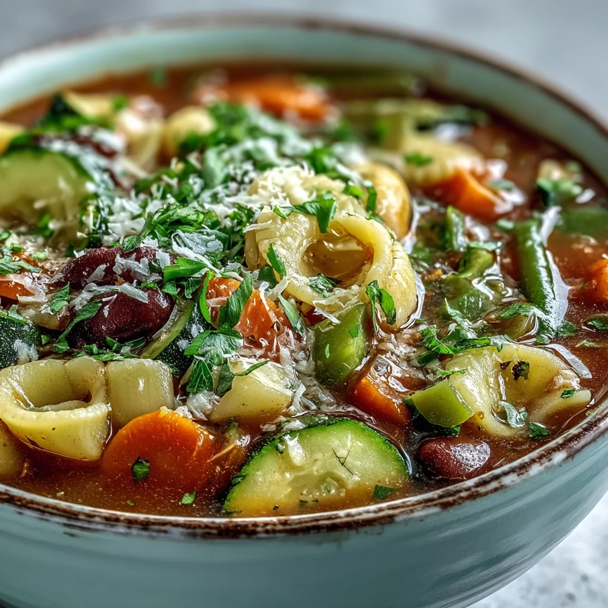 Bright, garden-fresh Minestrone Vegetable Soup, served in a rustic bowl with Parmesan.
