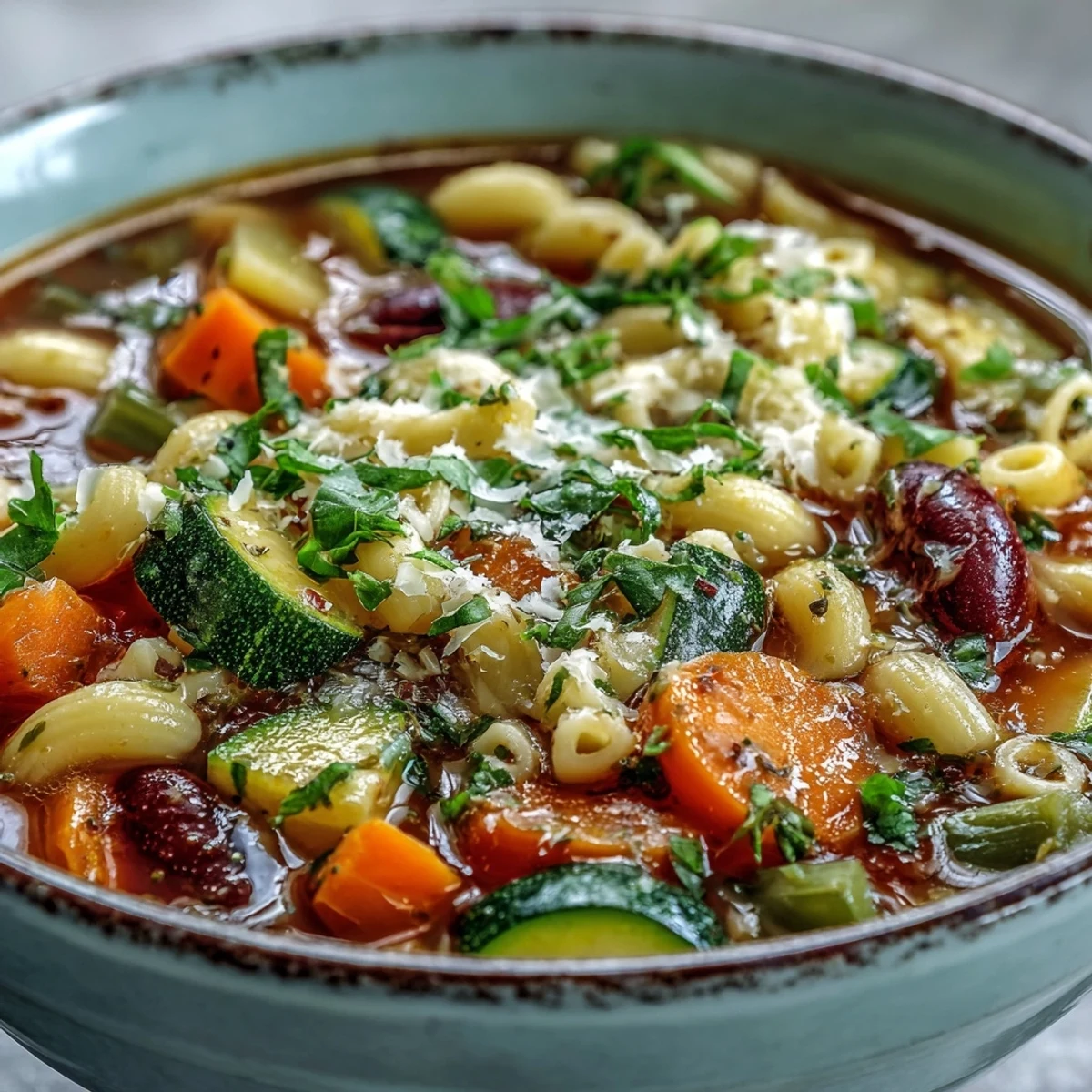 Our comforting Minestrone Vegetable Soup, packed with beans and pasta, perfect to share.